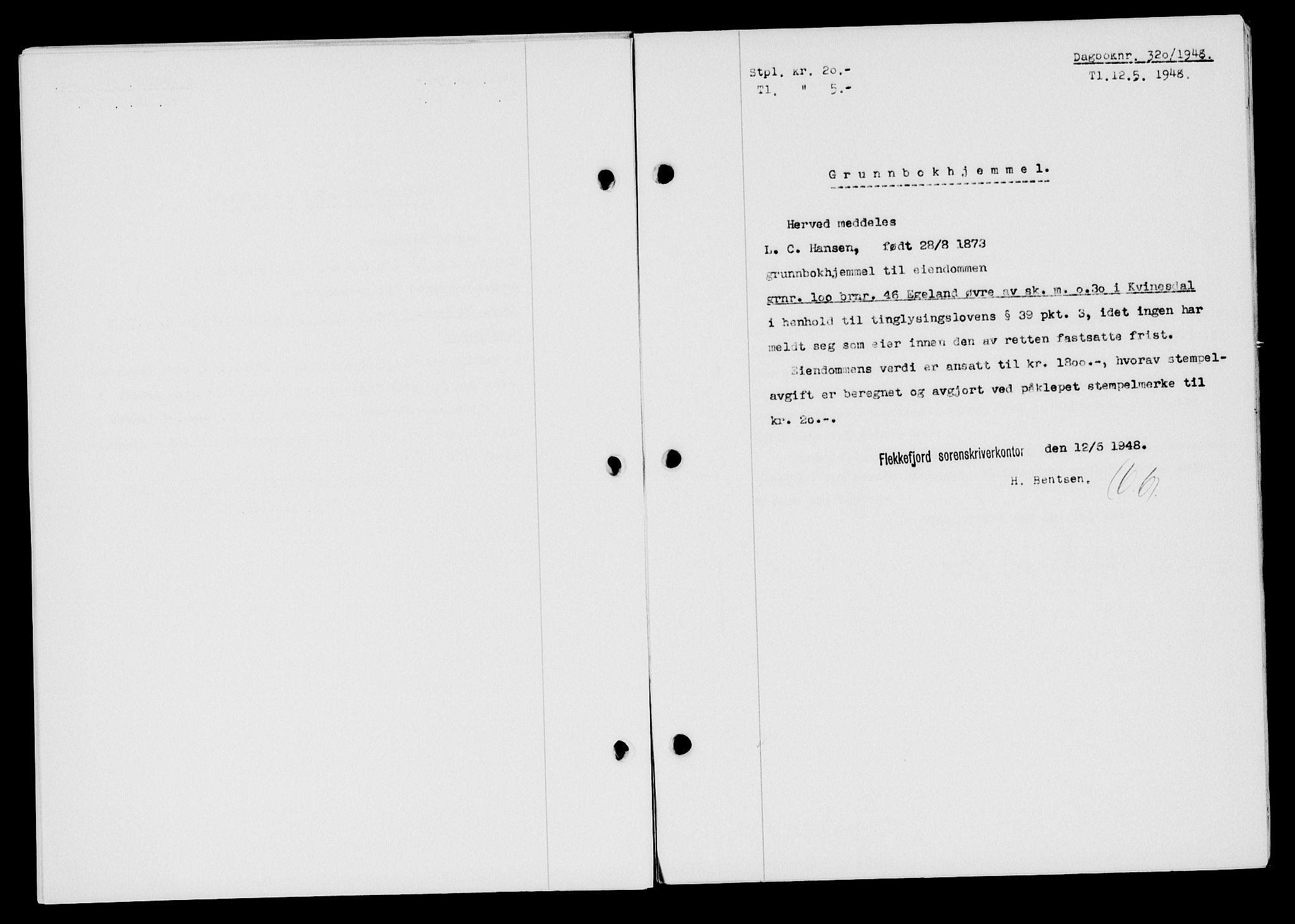 Flekkefjord sorenskriveri, AV/SAK-1221-0001/G/Gb/Gba/L0063: Mortgage book no. A-11, 1947-1948, Diary no: : 320/1948