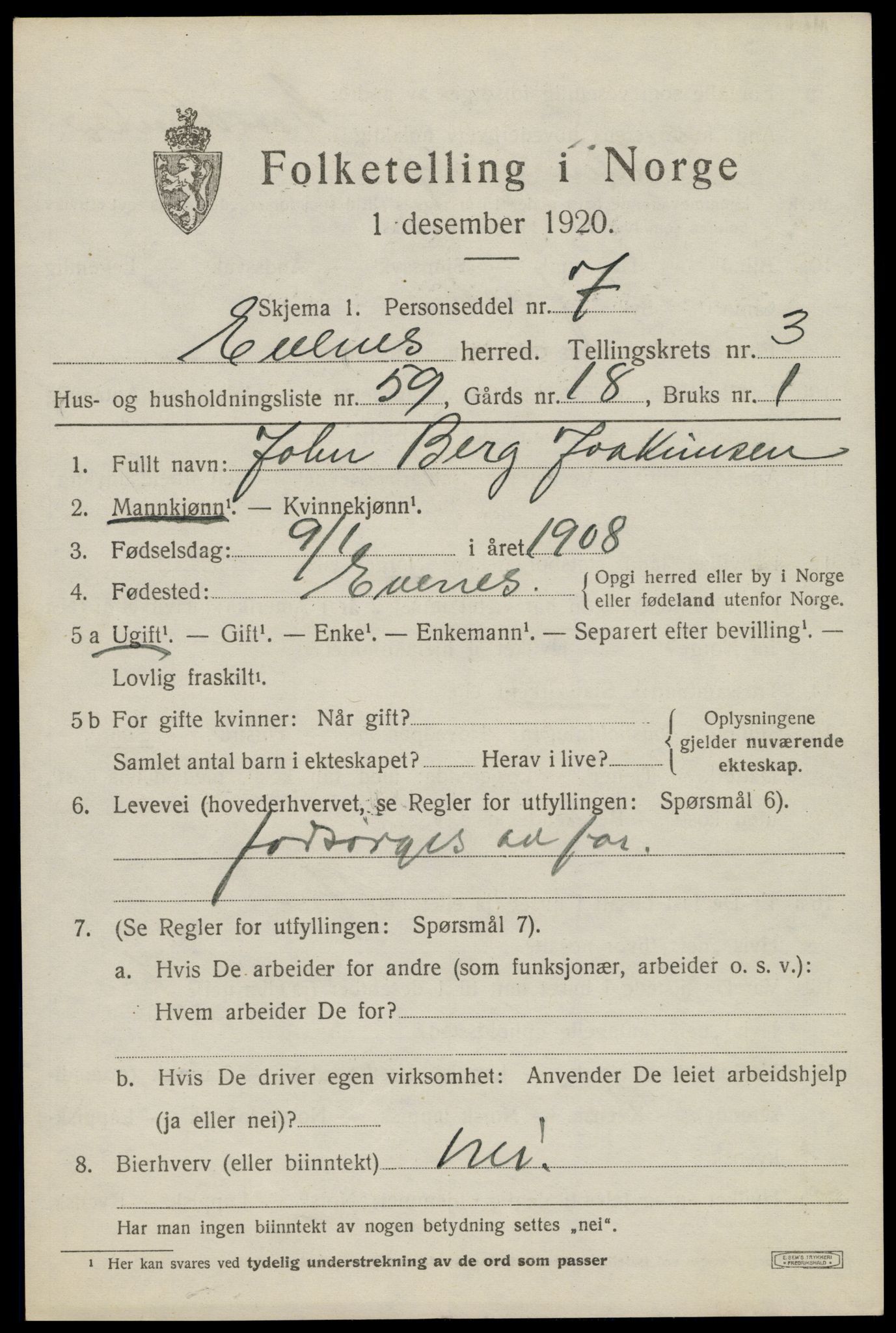 SAT, 1920 census for Evenes, 1920, p. 3584