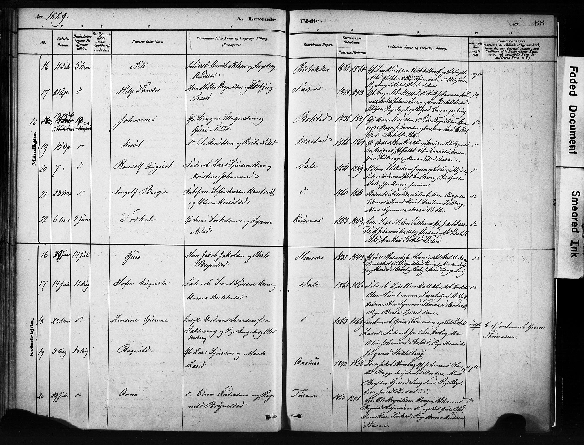 Evanger sokneprestembete, AV/SAB-A-99924: Parish register (official) no. A 1, 1877-1899, p. 88