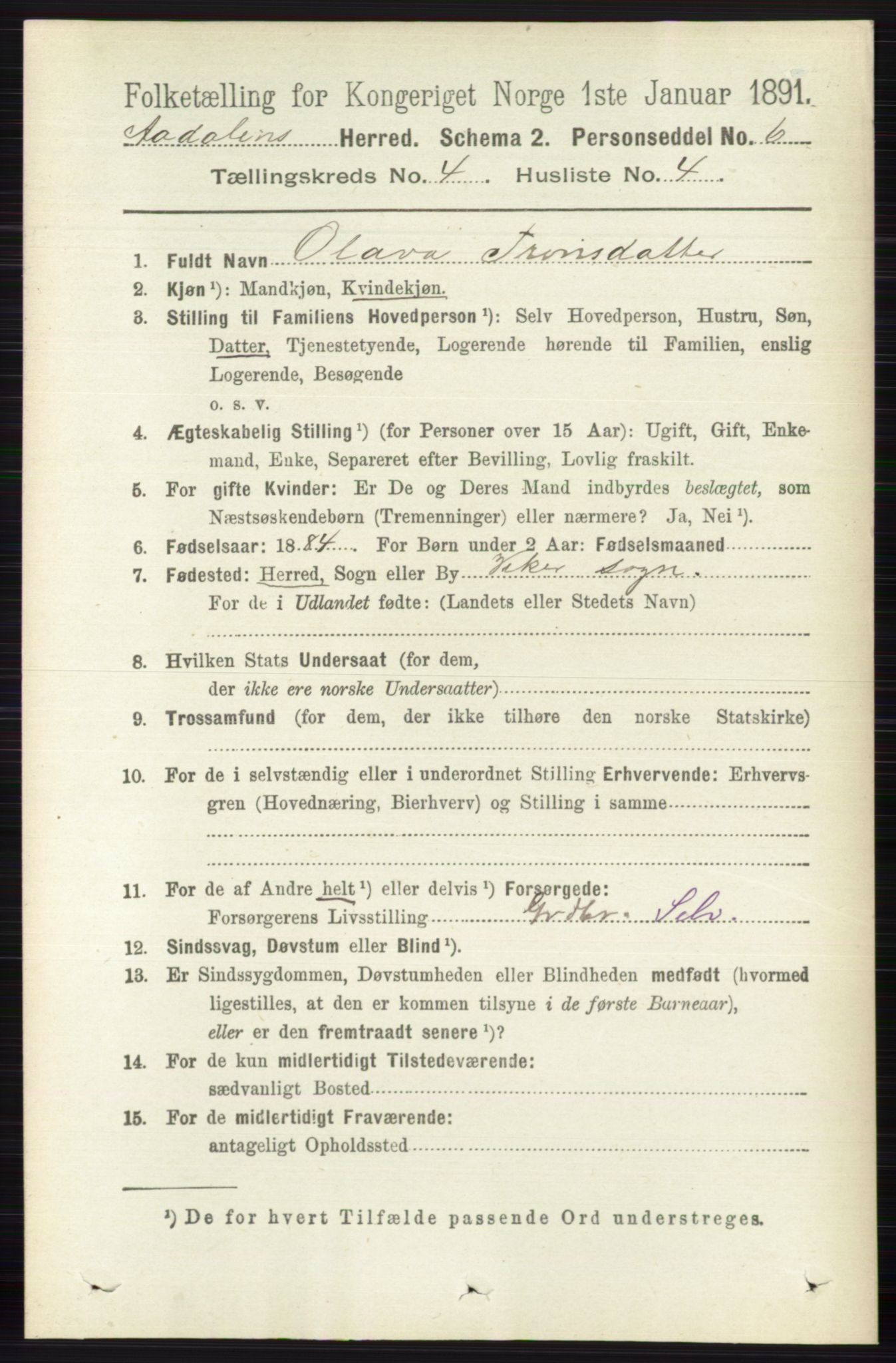RA, 1891 census for 0614 Ådal, 1891, p. 1541