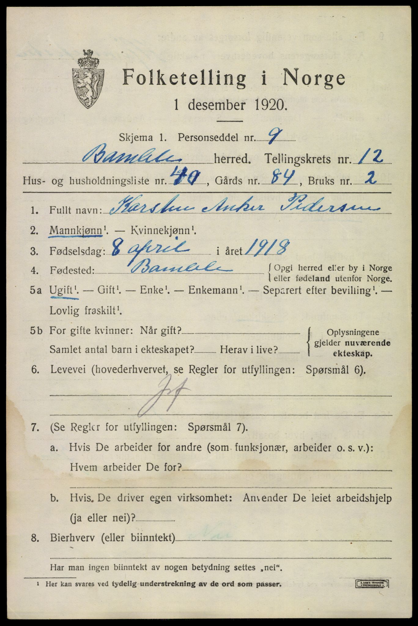 SAKO, 1920 census for Bamble, 1920, p. 9523