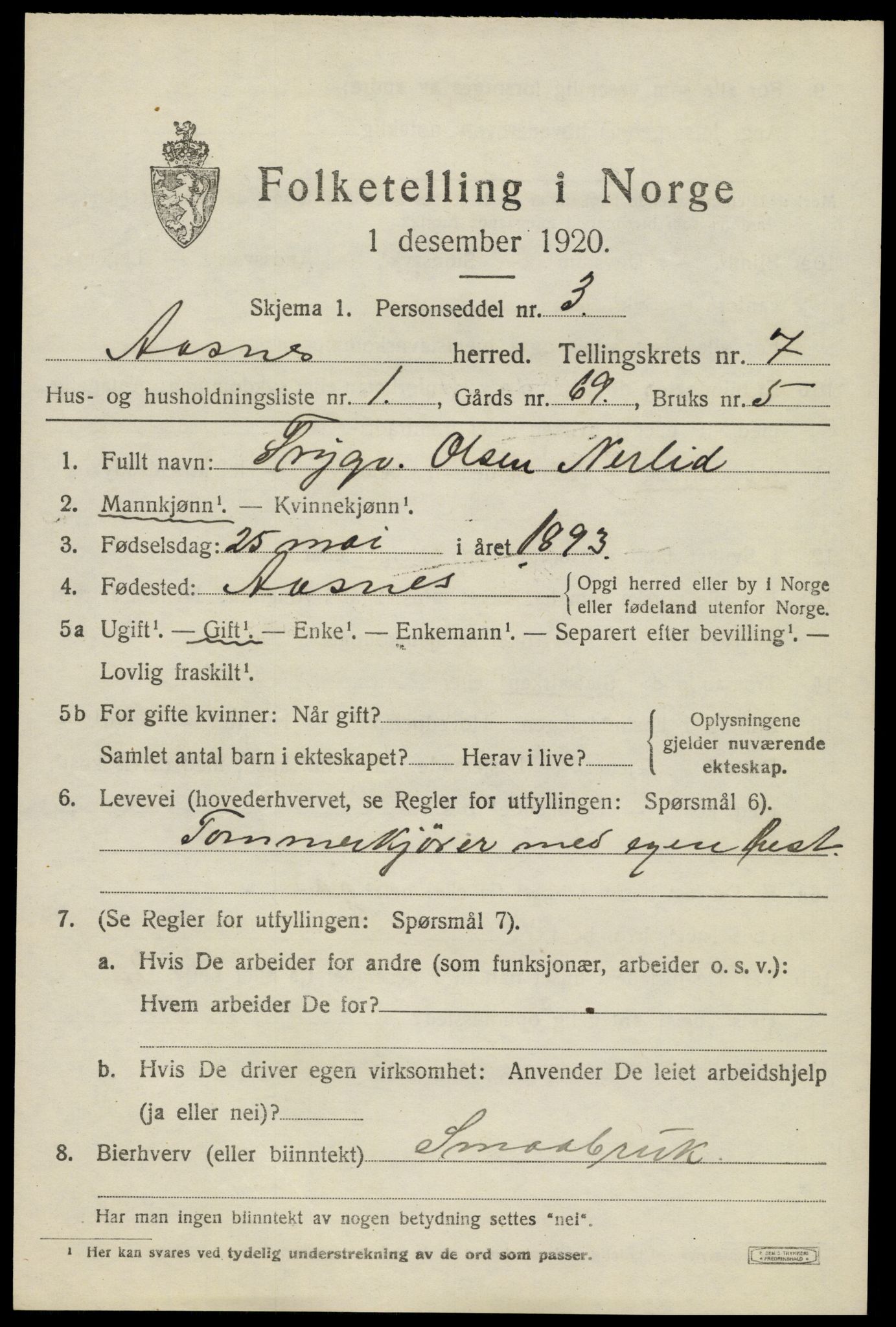 SAH, 1920 census for Åsnes, 1920, p. 8540