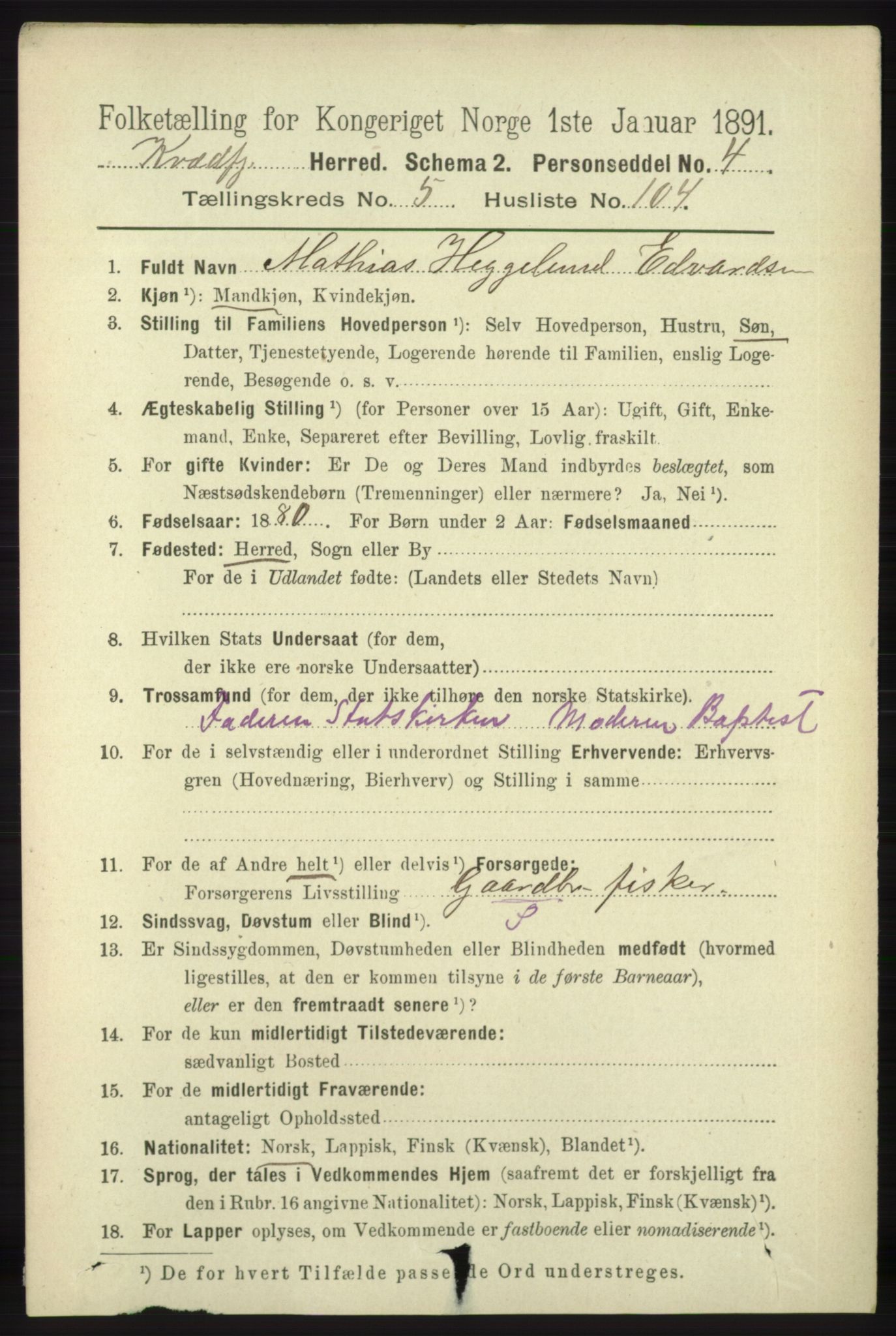 RA, 1891 census for 1911 Kvæfjord, 1891, p. 3497