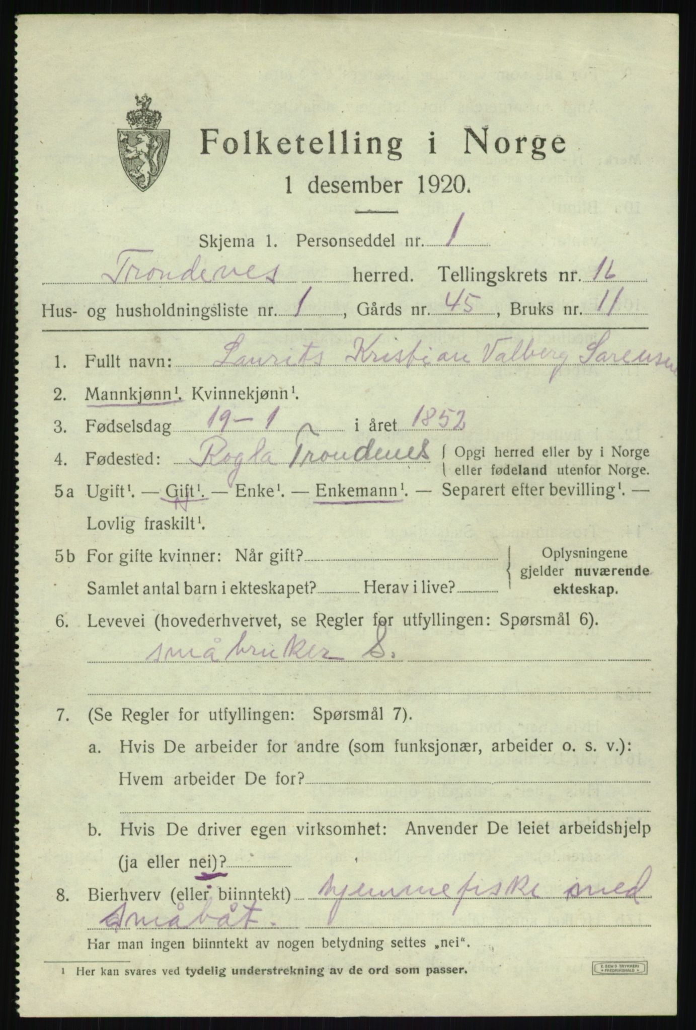 SATØ, 1920 census for Trondenes, 1920, p. 11165