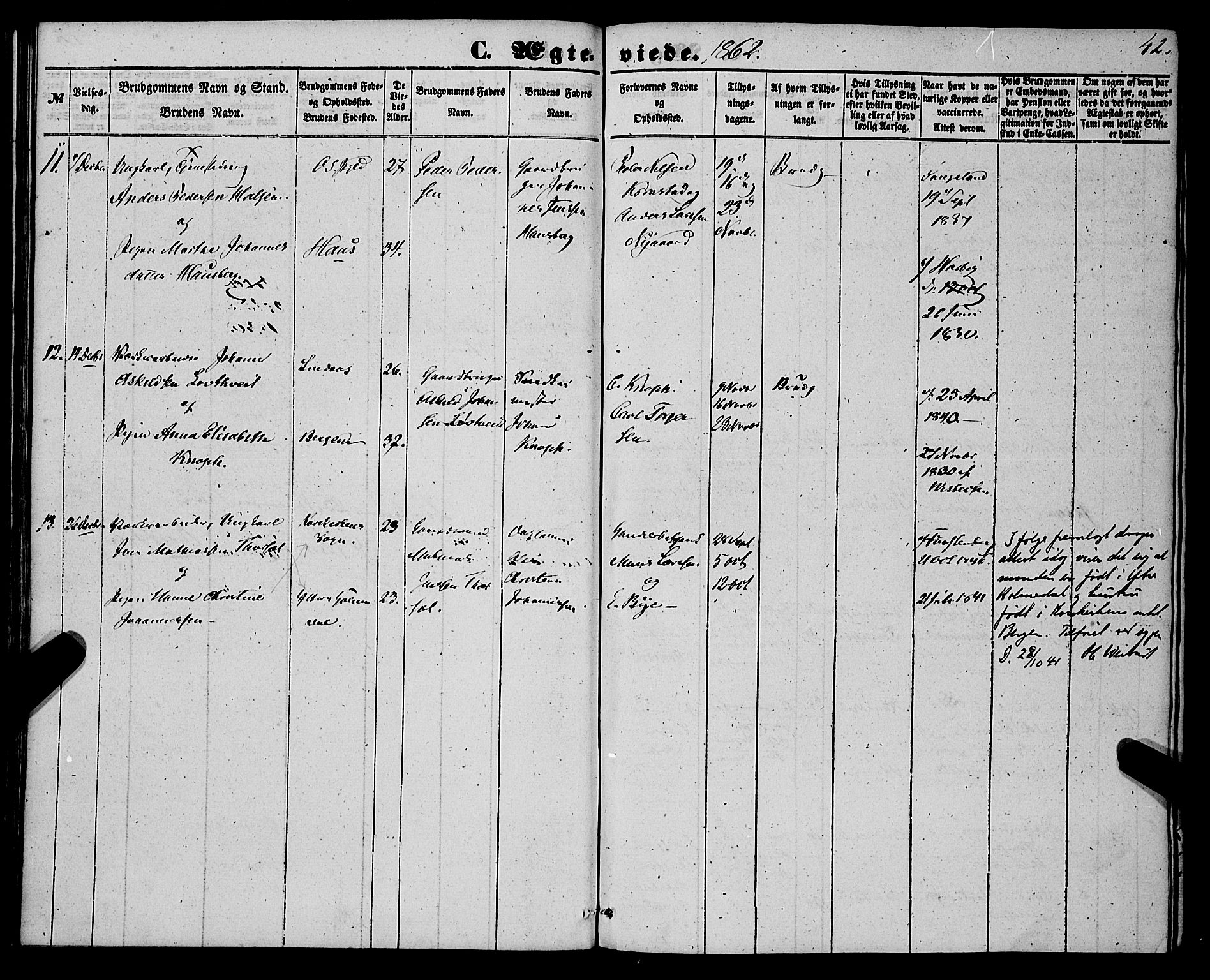 St. Jørgens hospital og Årstad sokneprestembete, AV/SAB-A-99934: Parish register (official) no. A 9, 1853-1878, p. 42