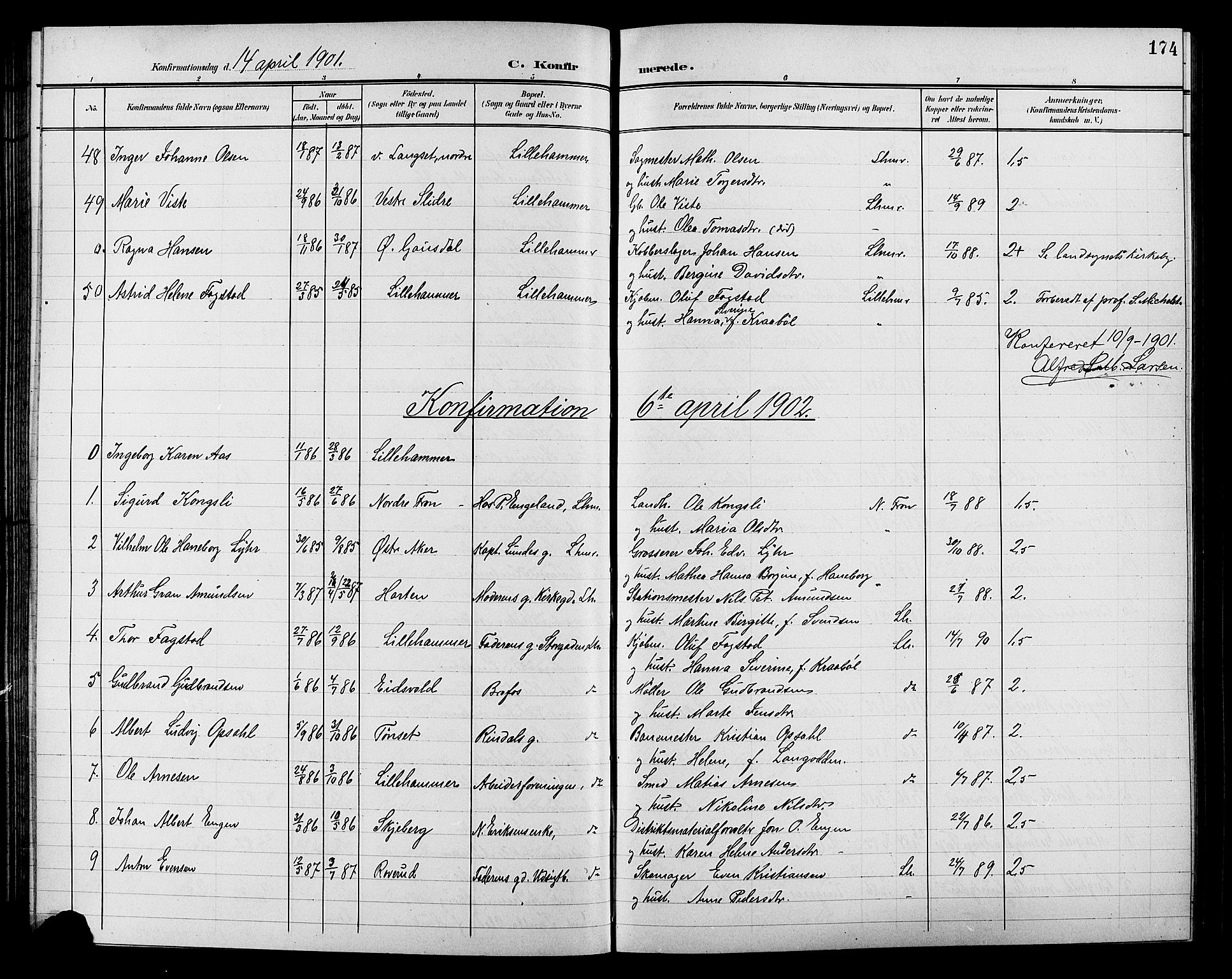Lillehammer prestekontor, AV/SAH-PREST-088/H/Ha/Hab/L0001: Parish register (copy) no. 1, 1901-1913, p. 174