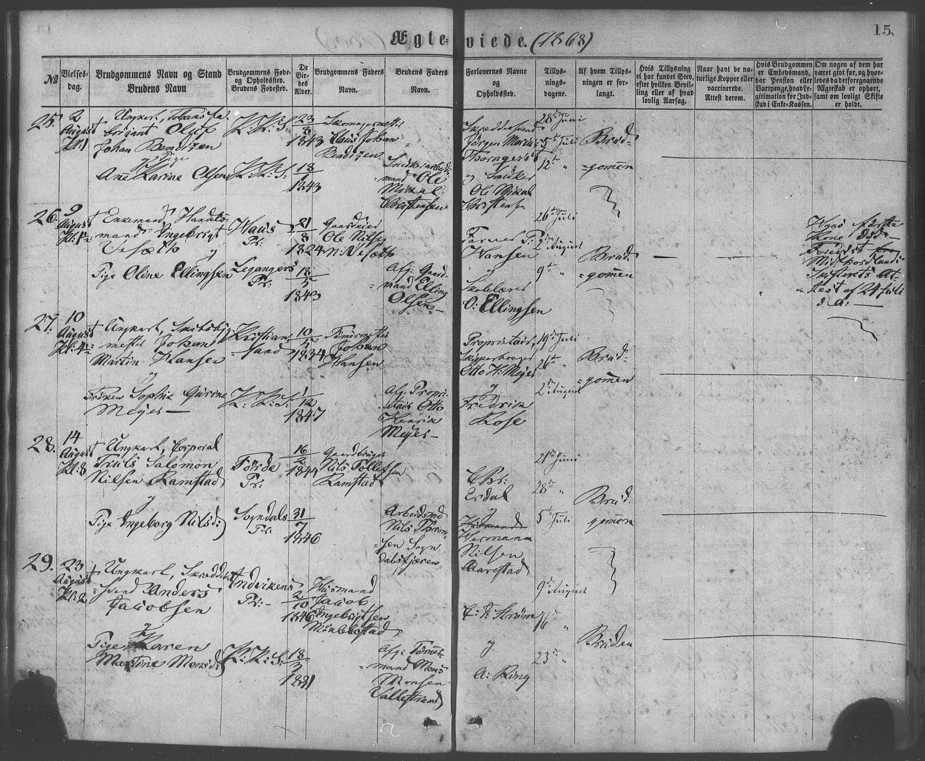 Korskirken sokneprestembete, AV/SAB-A-76101/H/Haa/L0036: Parish register (official) no. D 3, 1867-1882, p. 15