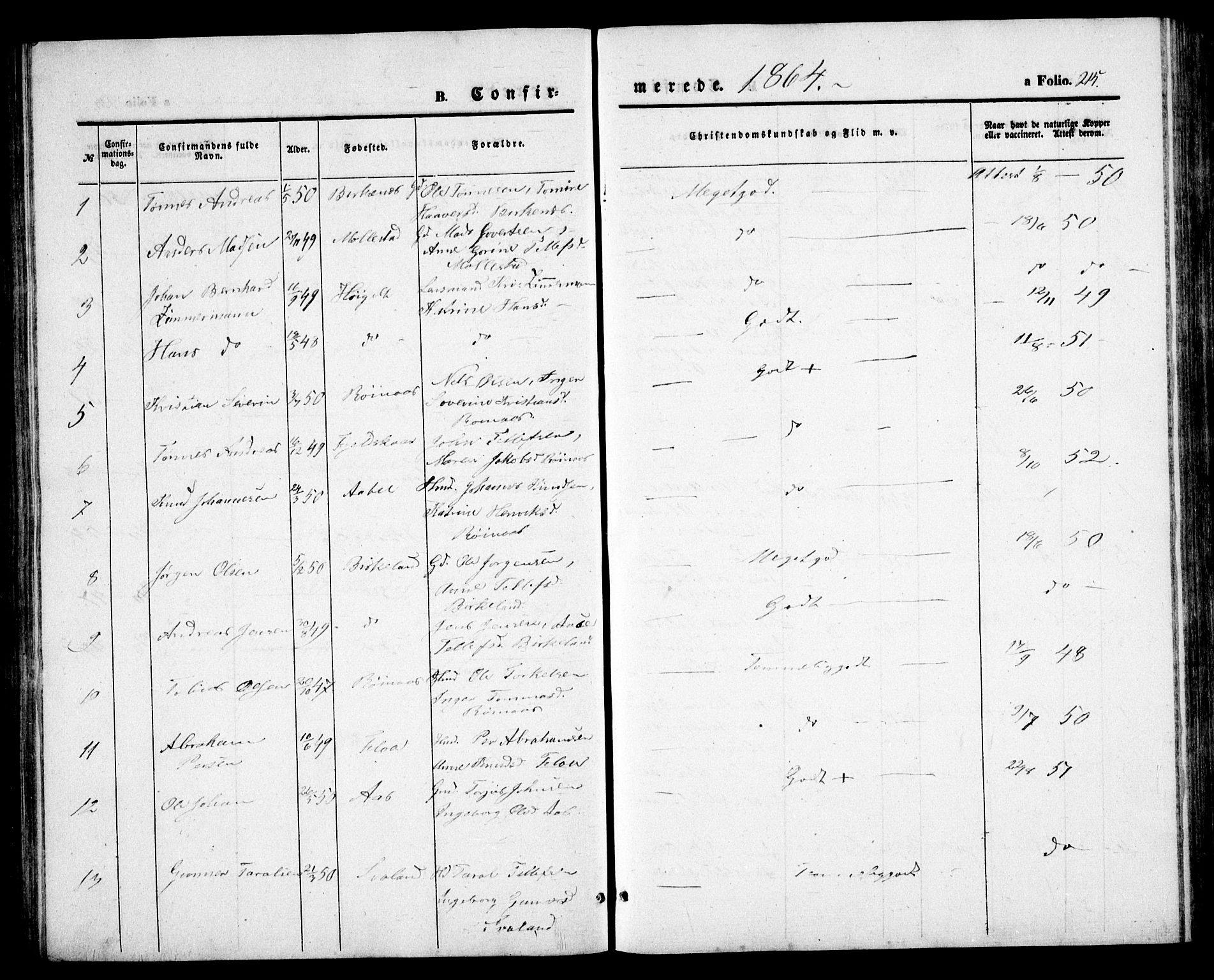 Birkenes sokneprestkontor, AV/SAK-1111-0004/F/Fb/L0002: Parish register (copy) no. B 2, 1849-1876, p. 215