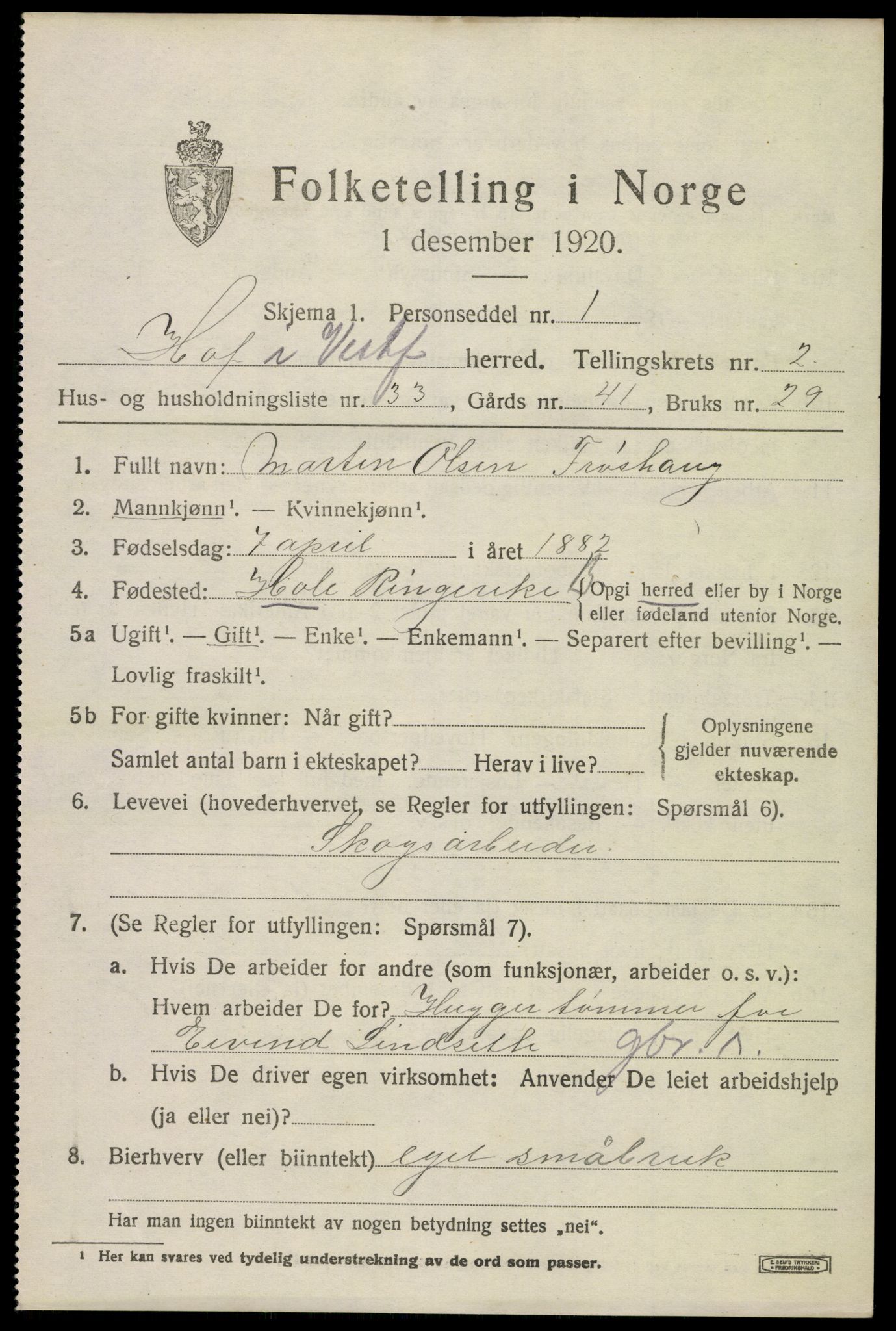 SAKO, 1920 census for Hof, 1920, p. 2733