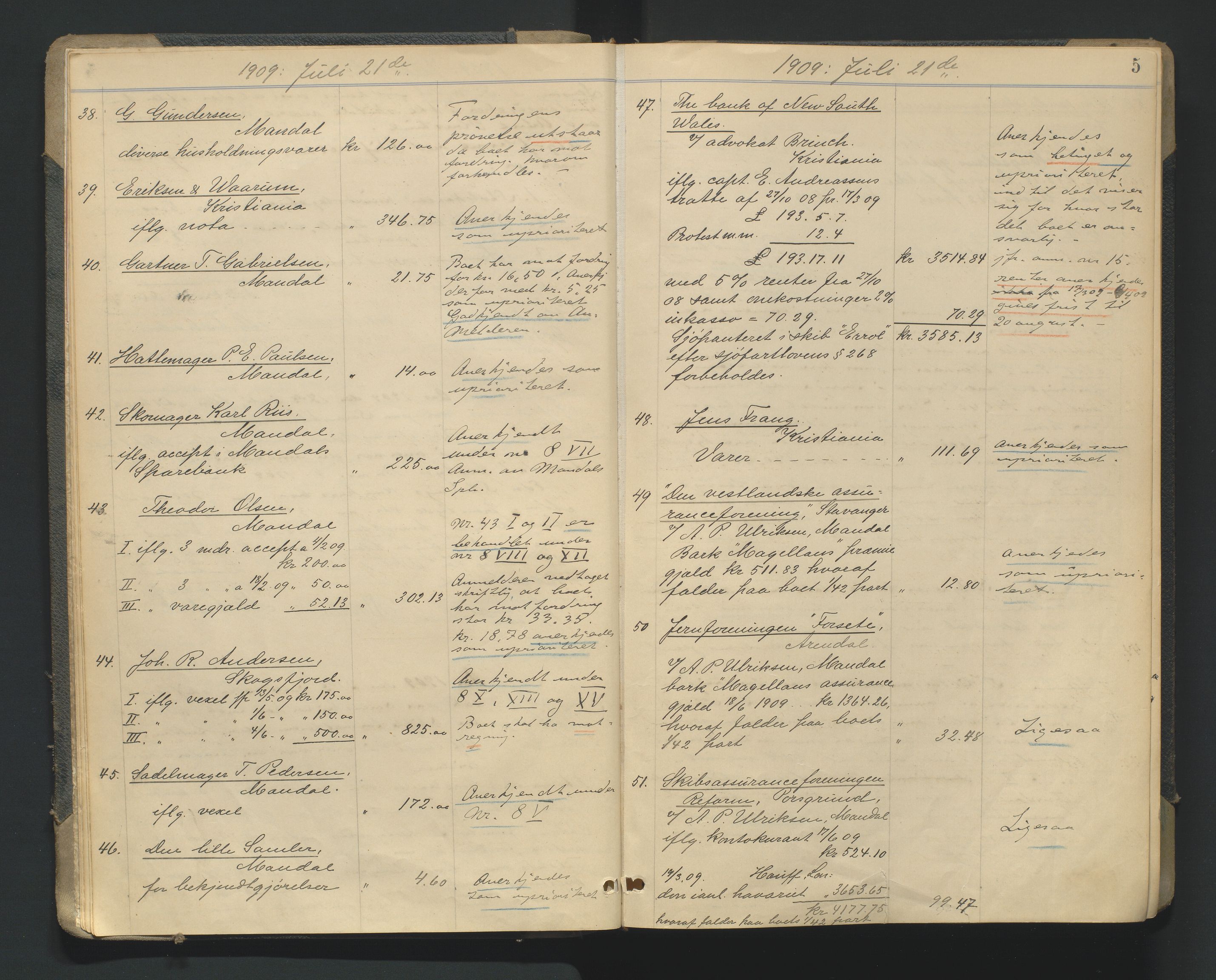 Mandal sorenskriveri, AV/SAK-1221-0005/001/H/Hc/L0081: Skifteforhandlingsprotokoll nr 13, 1909-1913, p. 5
