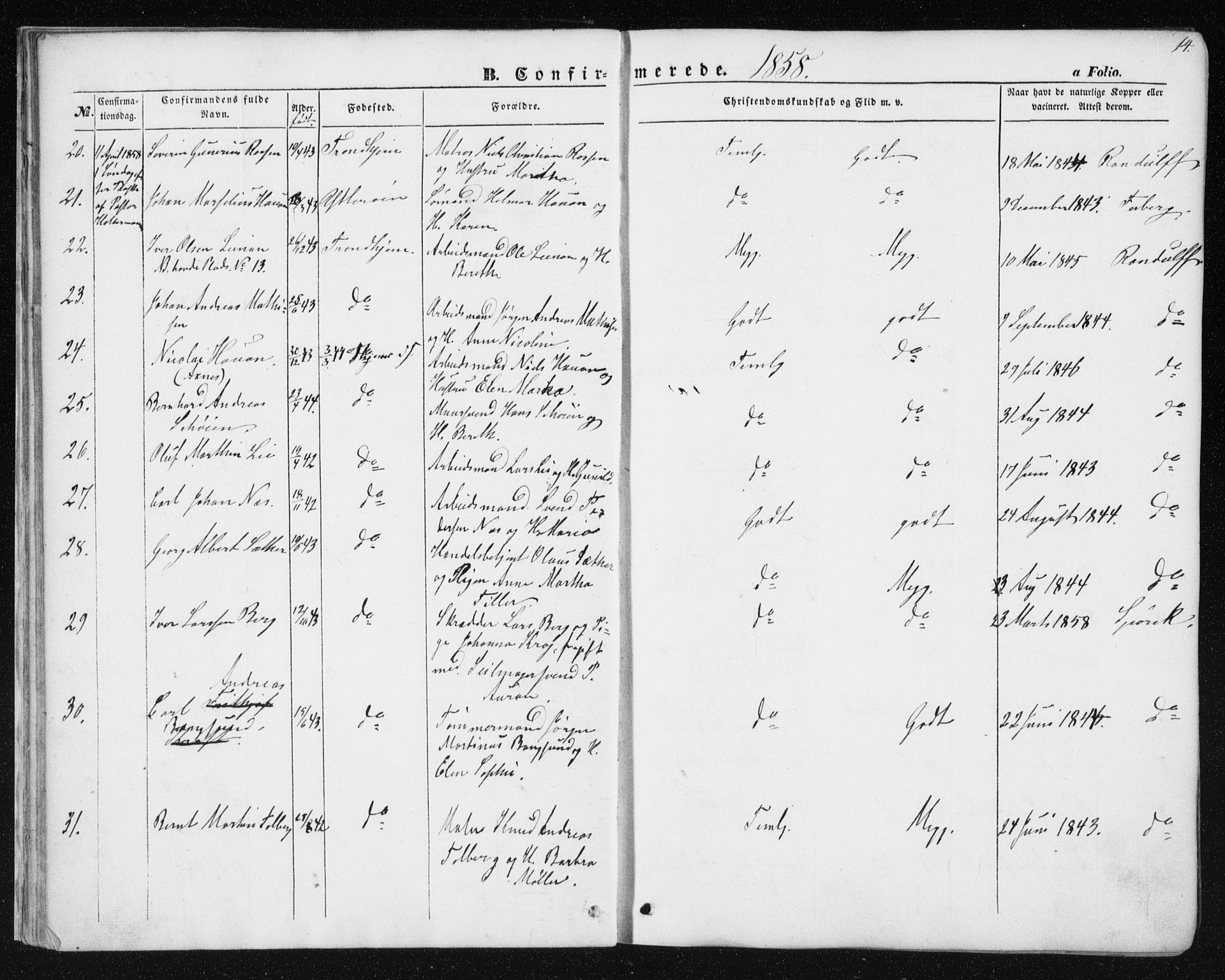 Ministerialprotokoller, klokkerbøker og fødselsregistre - Sør-Trøndelag, SAT/A-1456/602/L0114: Parish register (official) no. 602A12, 1856-1872, p. 14