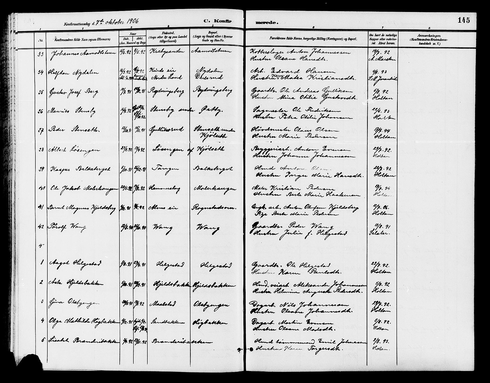 Østre Toten prestekontor, AV/SAH-PREST-104/H/Ha/Hab/L0007: Parish register (copy) no. 7, 1901-1912, p. 145