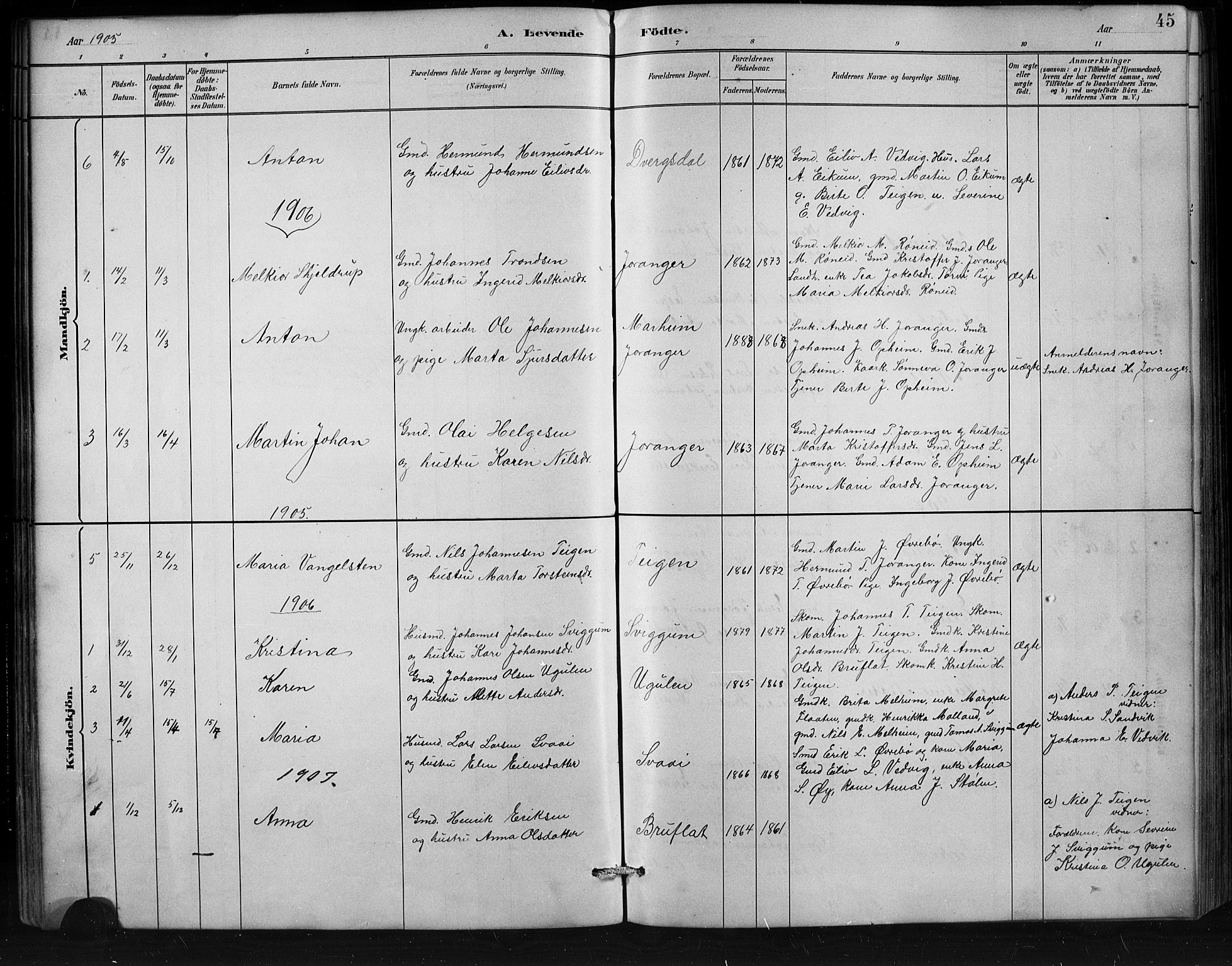 Jostedal sokneprestembete, SAB/A-80601/H/Hab/Habd/L0001: Parish register (copy) no. D 1, 1882-1910, p. 45