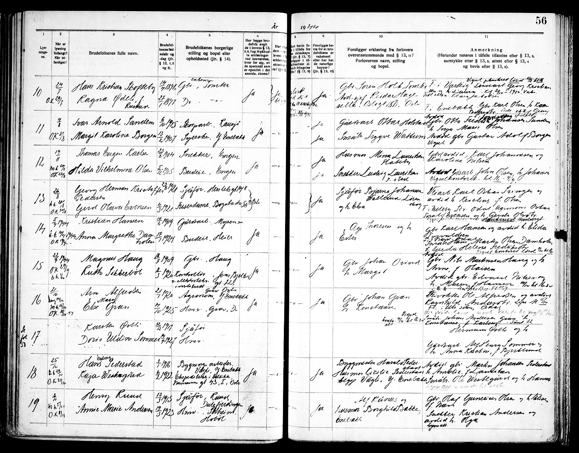 Enebakk prestekontor Kirkebøker, SAO/A-10171c/H/Ha/L0001: Banns register no. 1, 1919-1958, p. 56