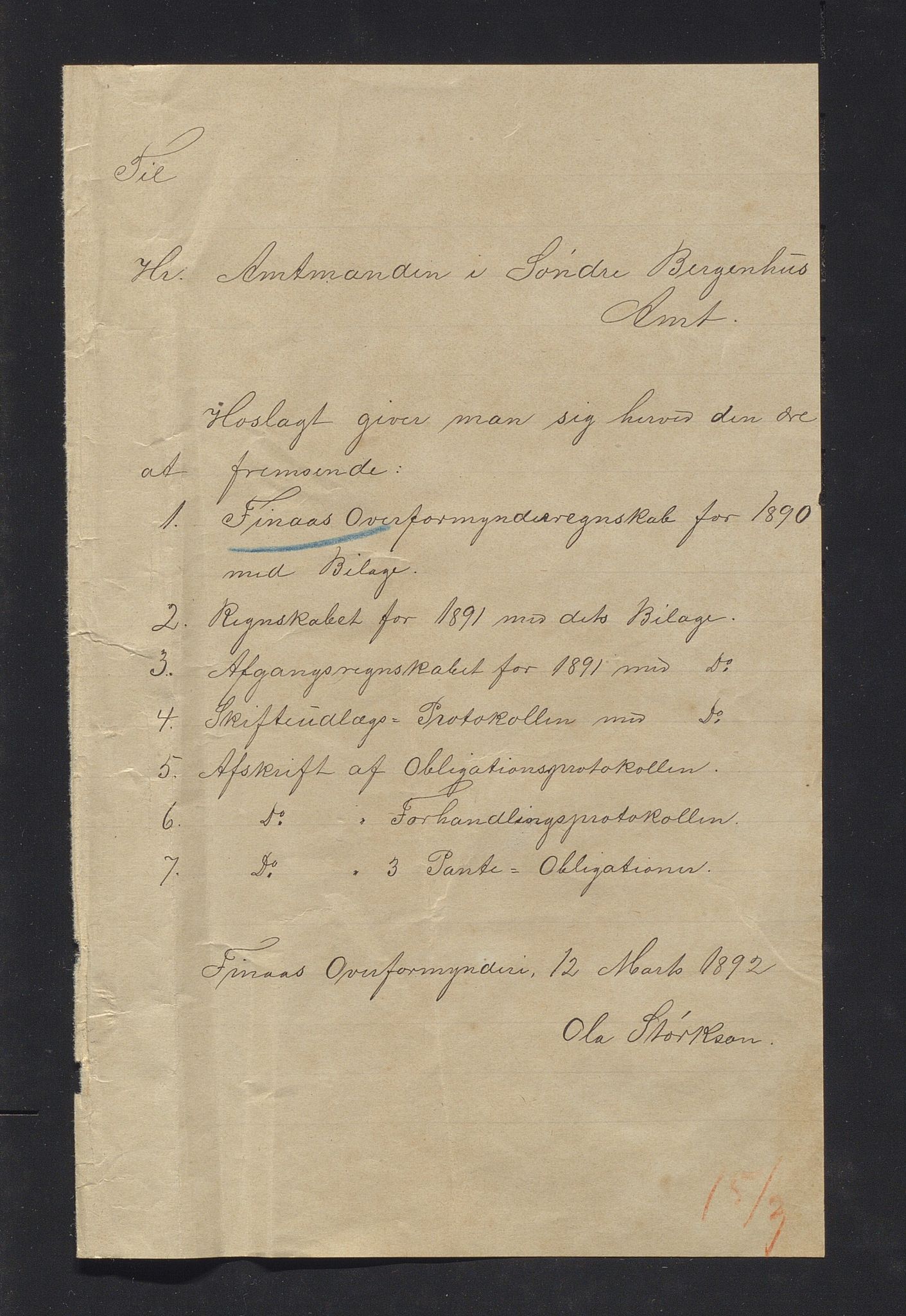 Finnaas kommune. Overformynderiet, IKAH/1218a-812/R/Ra/Raa/L0005/0007: Årlege rekneskap m/vedlegg / Årlege rekneskap m/vedlegg, 1890