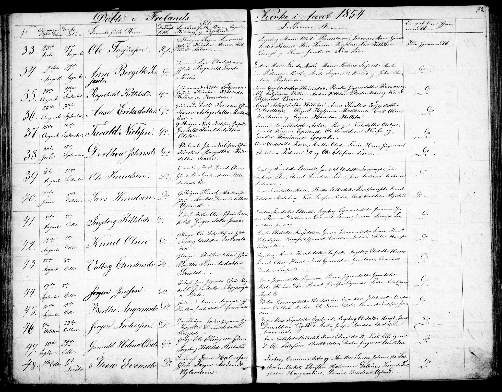 Froland sokneprestkontor, SAK/1111-0013/F/Fb/L0008: Parish register (copy) no. B 8, 1843-1875, p. 38