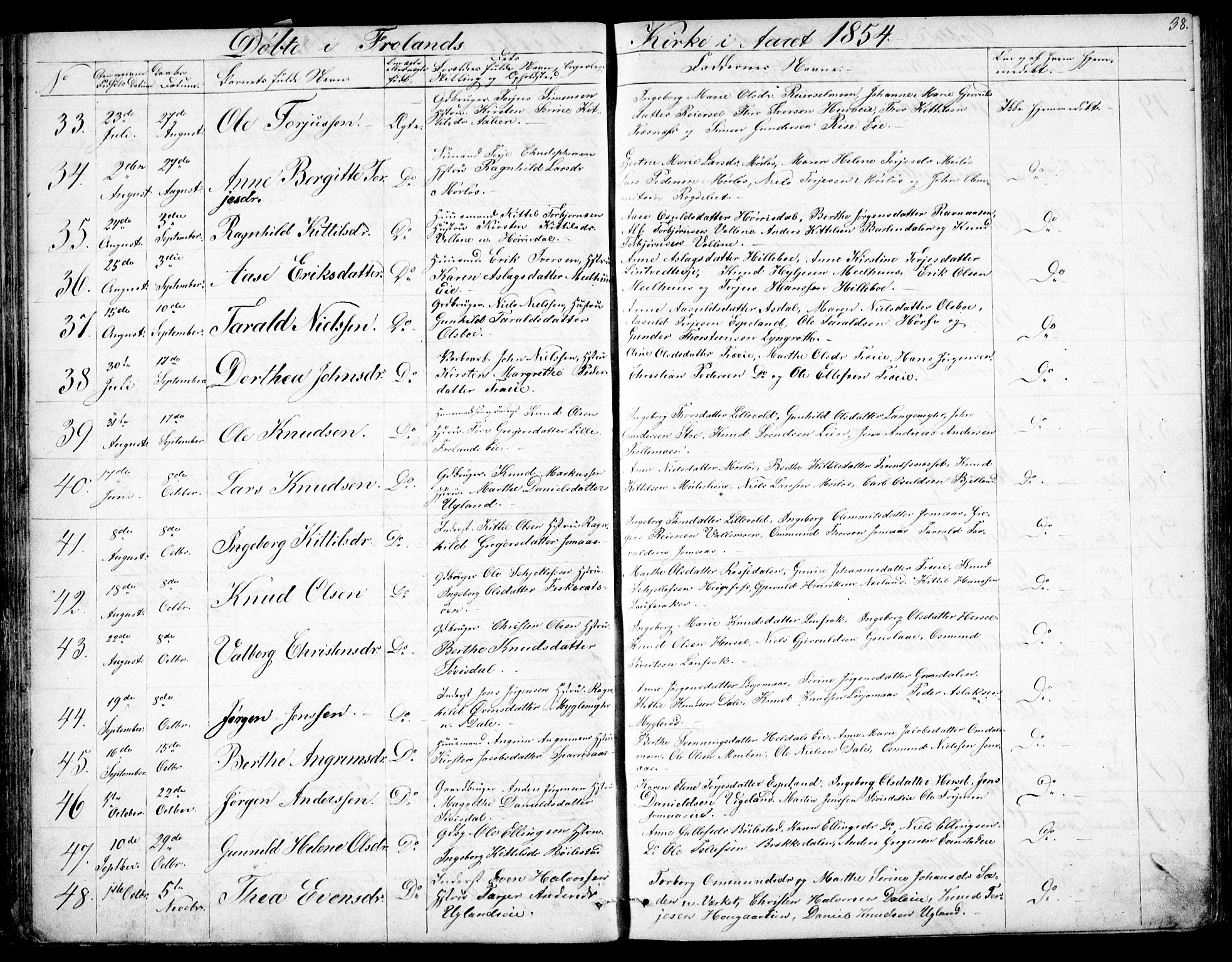 Froland sokneprestkontor, AV/SAK-1111-0013/F/Fb/L0008: Parish register (copy) no. B 8, 1843-1875, p. 38