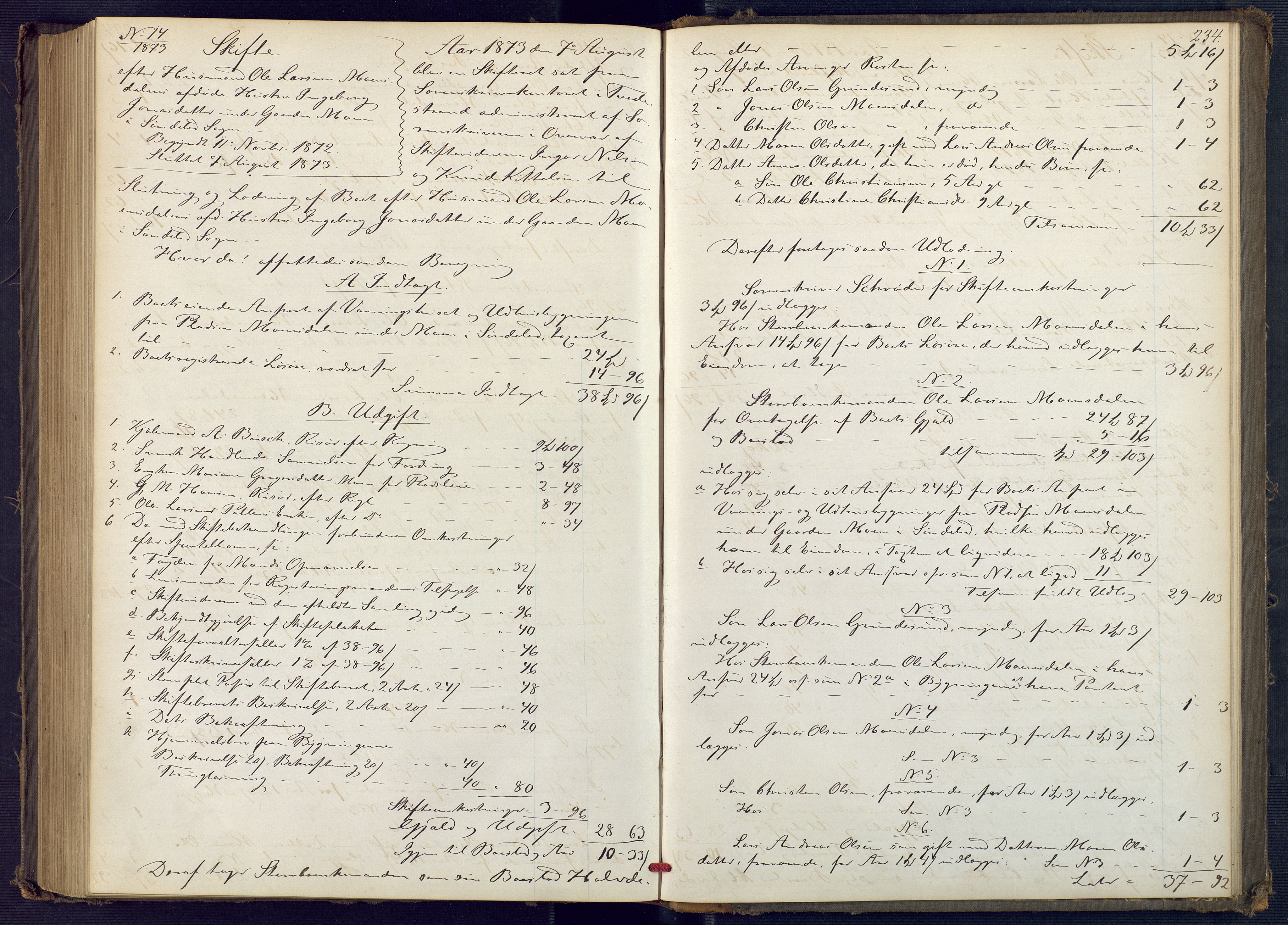 Holt sorenskriveri, AV/SAK-1221-0002/H/Hc/L0031: Skifteutlodningsprotokoll nr. 6, 1869-1874, p. 233b-234a