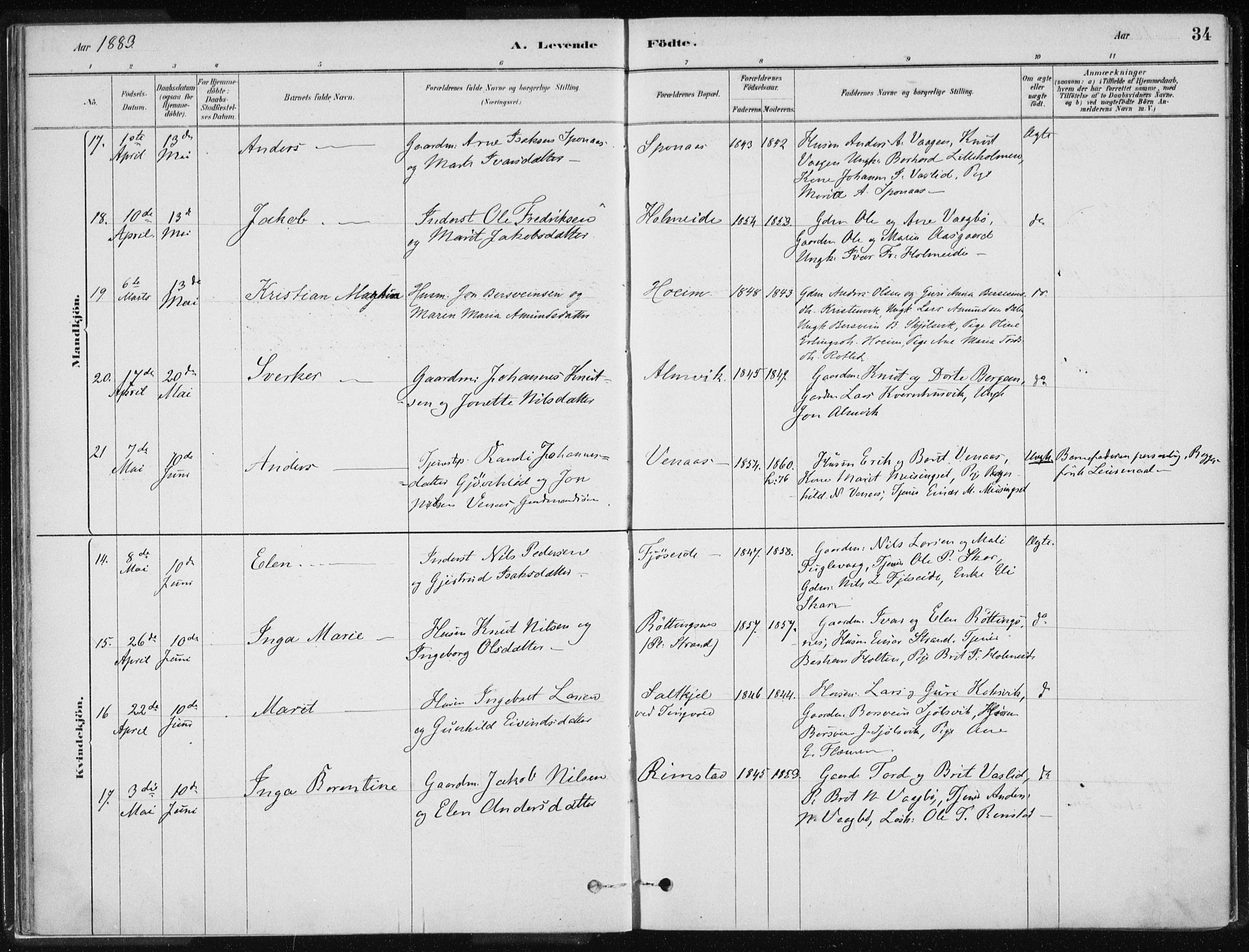 Ministerialprotokoller, klokkerbøker og fødselsregistre - Møre og Romsdal, AV/SAT-A-1454/586/L0987: Parish register (official) no. 586A13, 1879-1892, p. 34