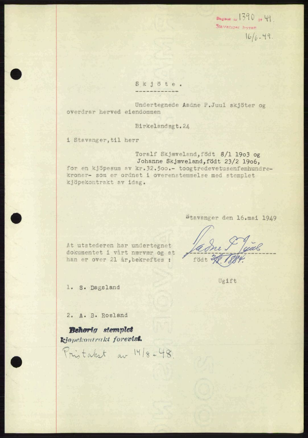 Stavanger byrett, SAST/A-100455/002/G/Gb/L0023: Mortgage book no. A12, 1948-1949, Diary no: : 1390/1949