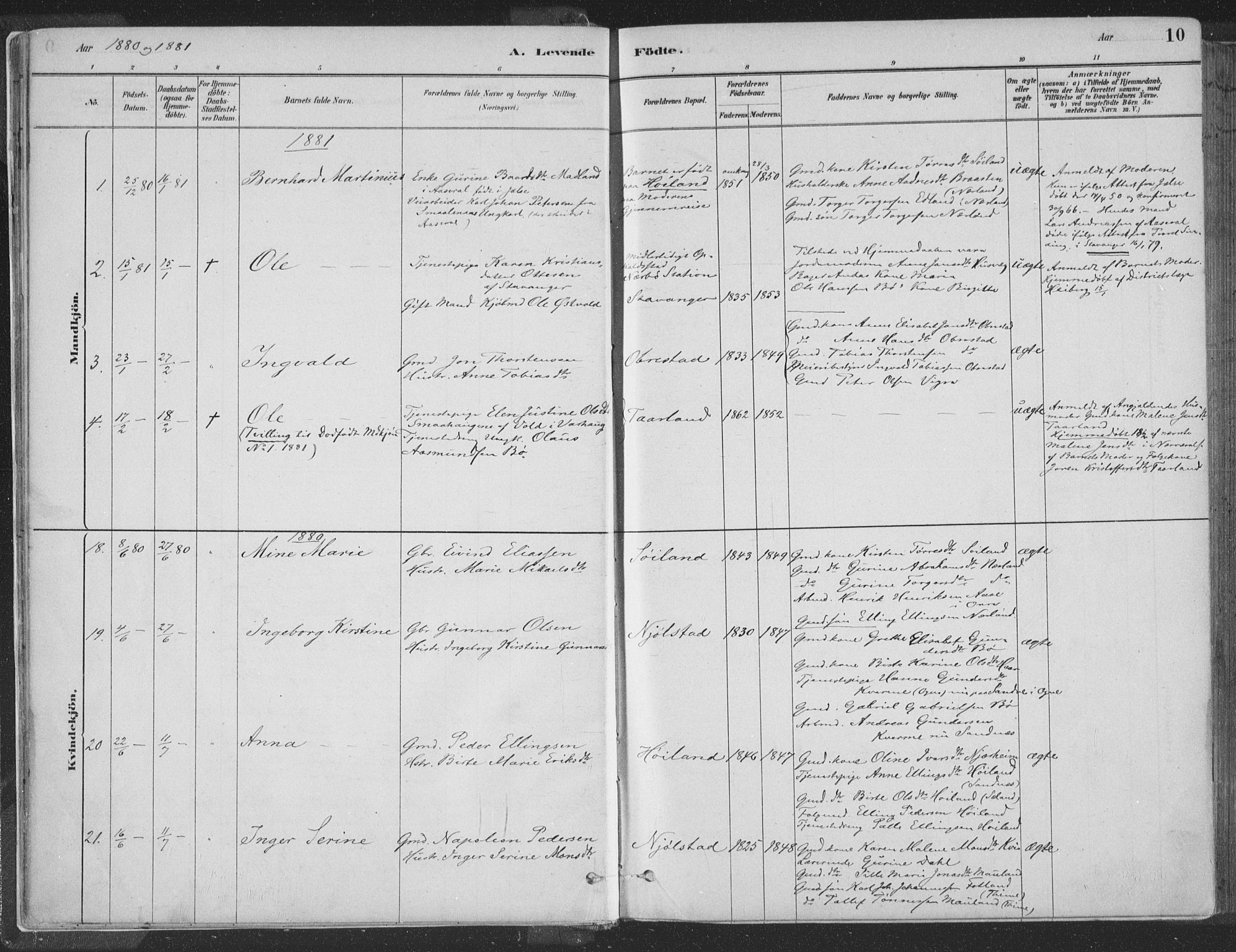 Hå sokneprestkontor, AV/SAST-A-101801/001/30BA/L0010: Parish register (official) no. A 9, 1879-1896, p. 10