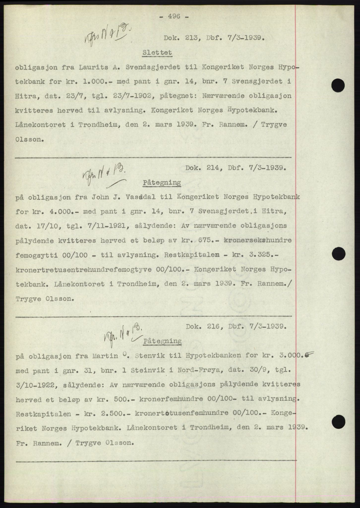 Hitra sorenskriveri, AV/SAT-A-0018/2/2C/2Ca: Mortgage book no. C1, 1936-1945, Diary no: : 213/1939