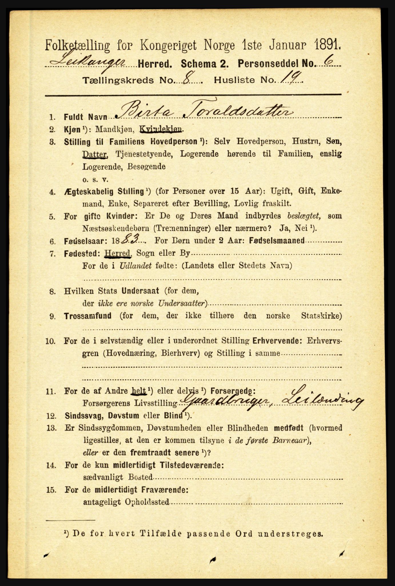 RA, 1891 census for 1419 Leikanger, 1891, p. 1738