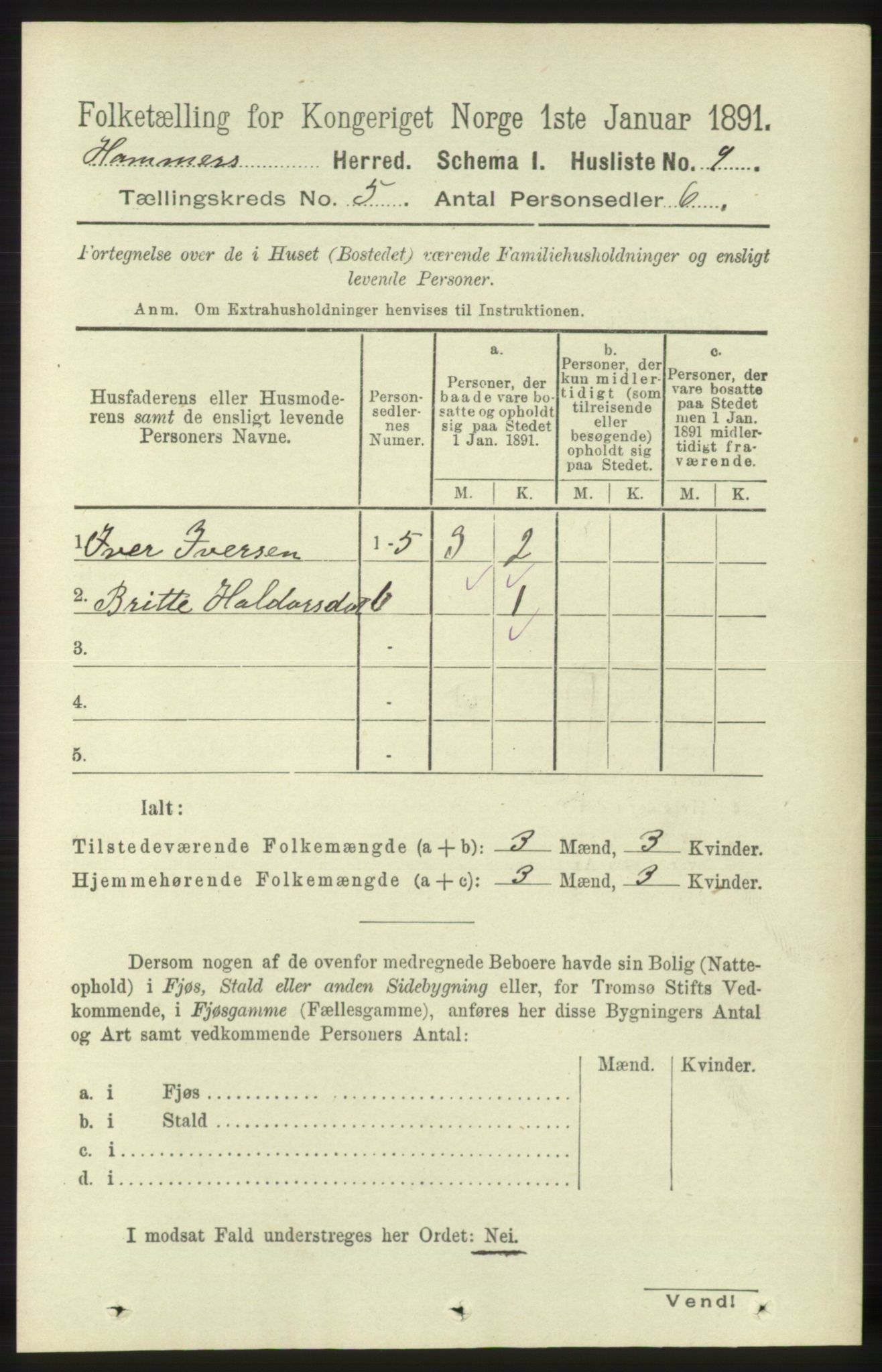 RA, 1891 census for 1254 Hamre, 1891, p. 1181