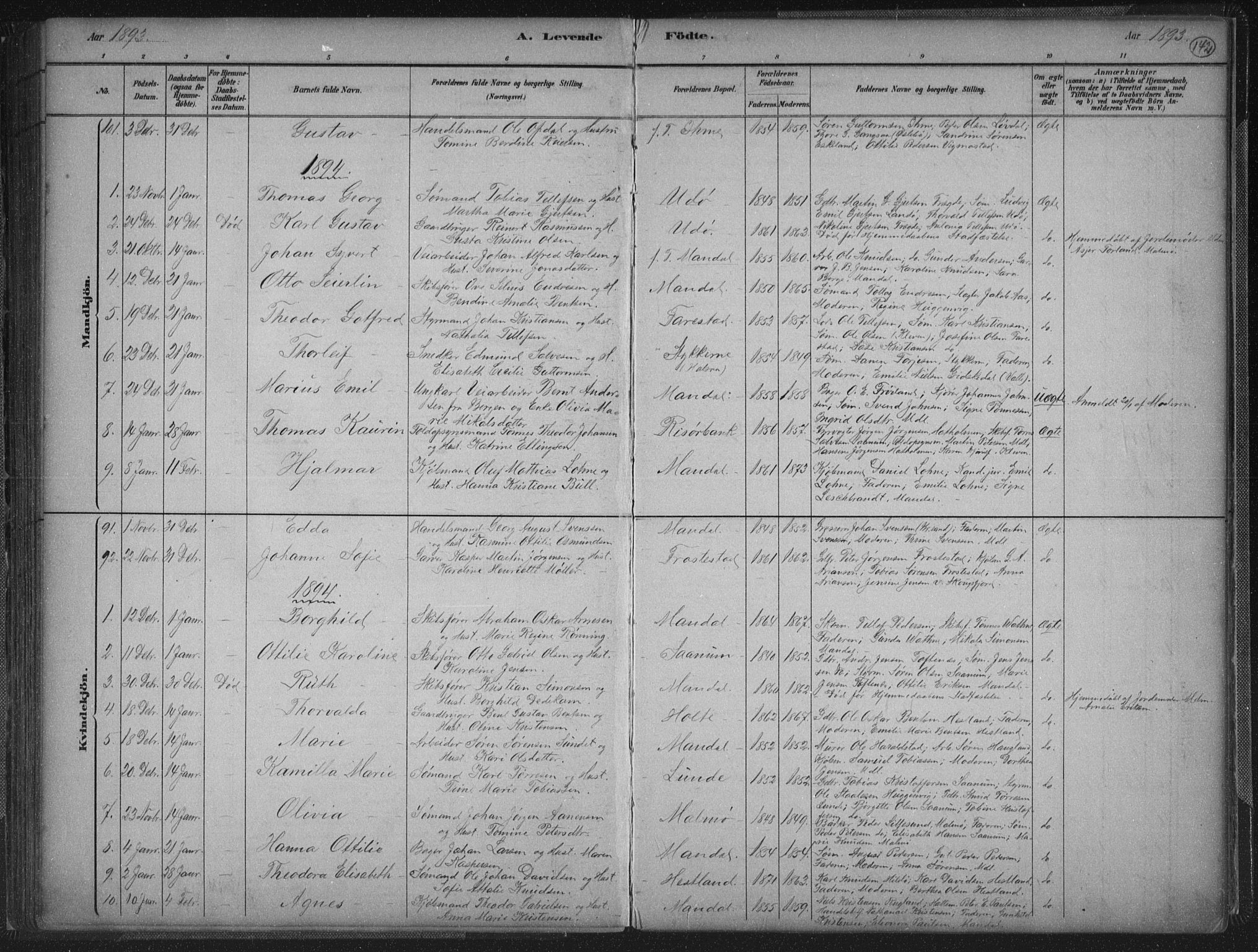 Mandal sokneprestkontor, SAK/1111-0030/F/Fb/Fba/L0011: Parish register (copy) no. B 5, 1880-1898, p. 142