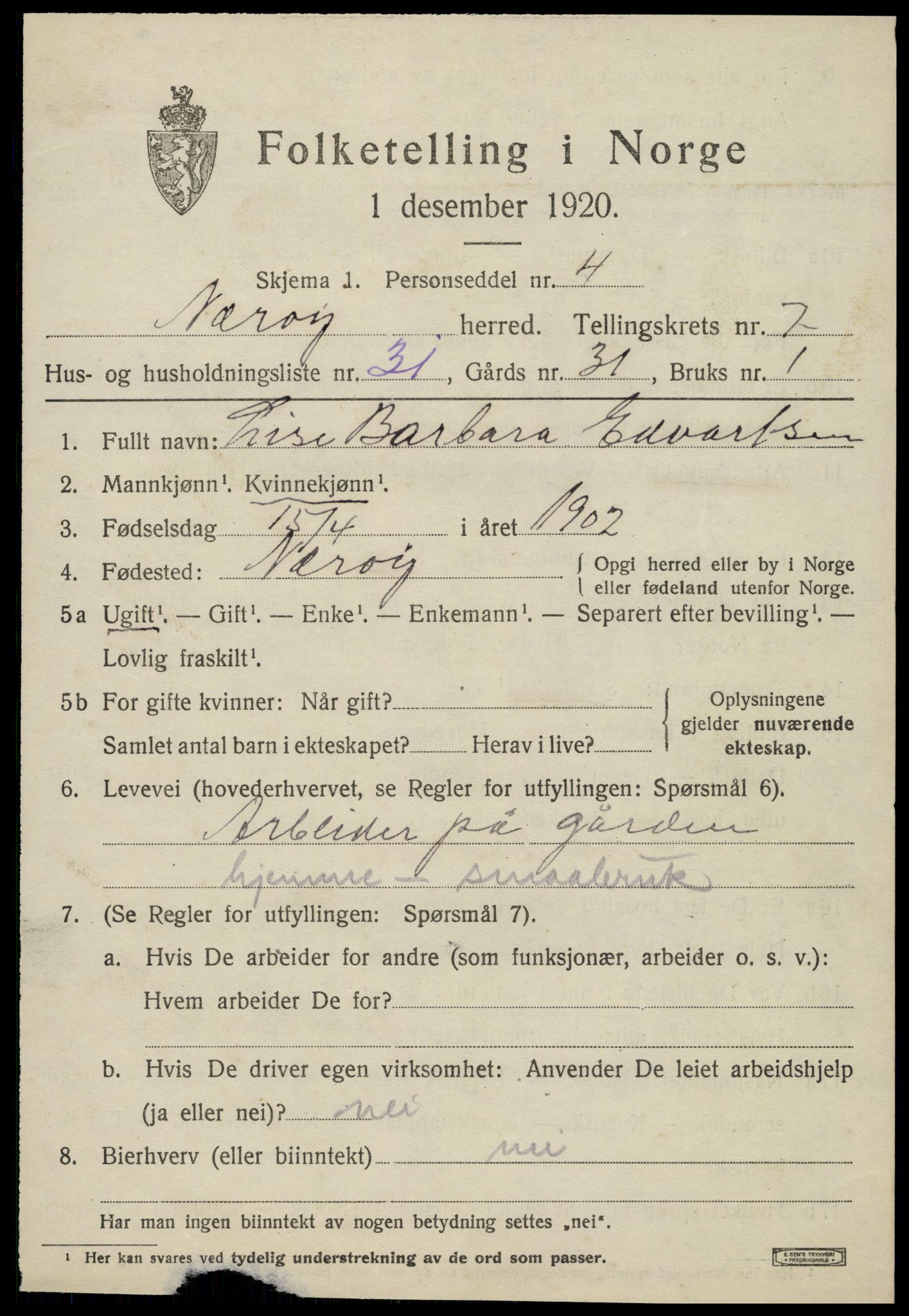 SAT, 1920 census for Nærøy, 1920, p. 4295