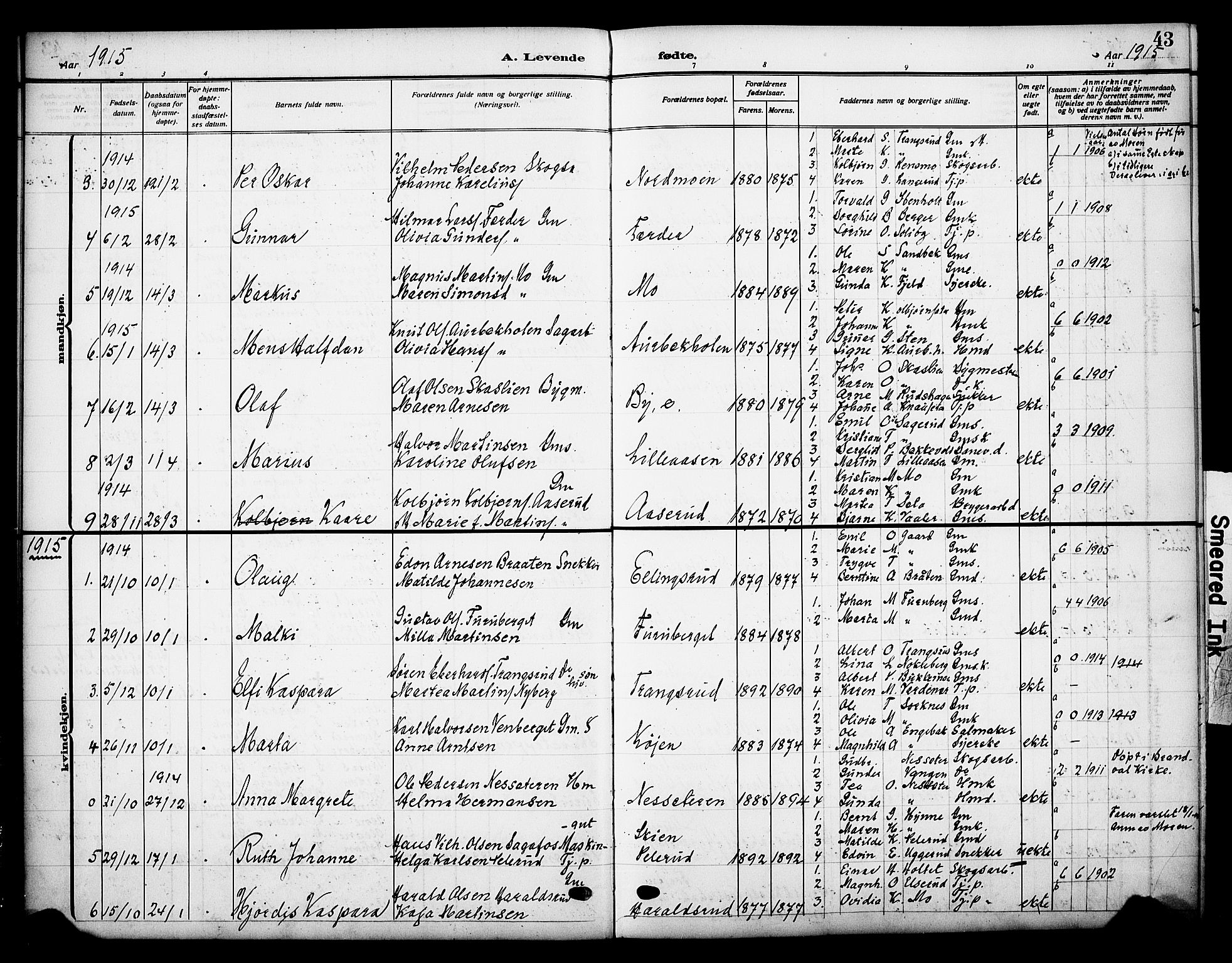 Grue prestekontor, SAH/PREST-036/H/Ha/Haa/L0015: Parish register (official) no. 15, 1911-1922, p. 43