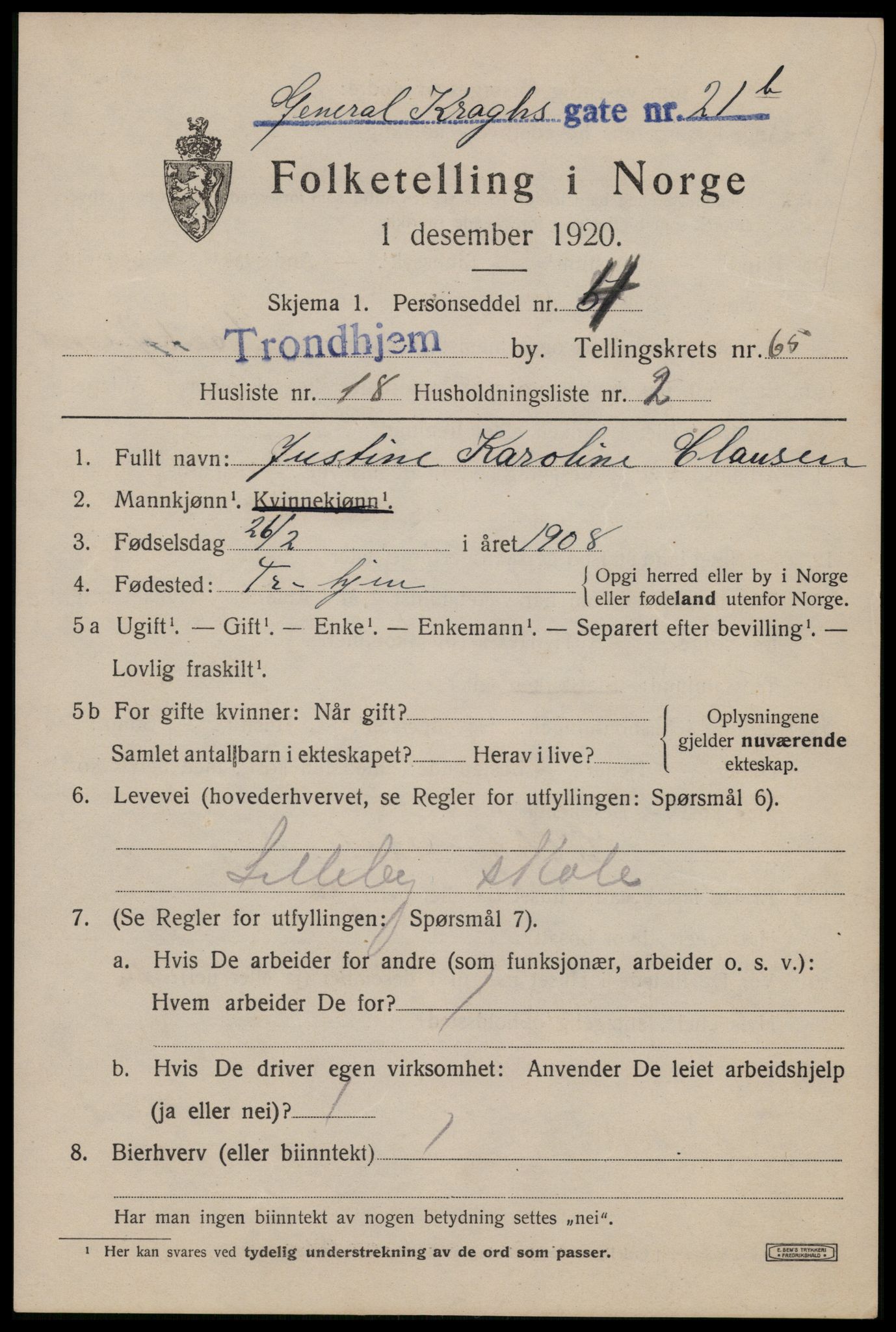 SAT, 1920 census for Trondheim, 1920, p. 129204