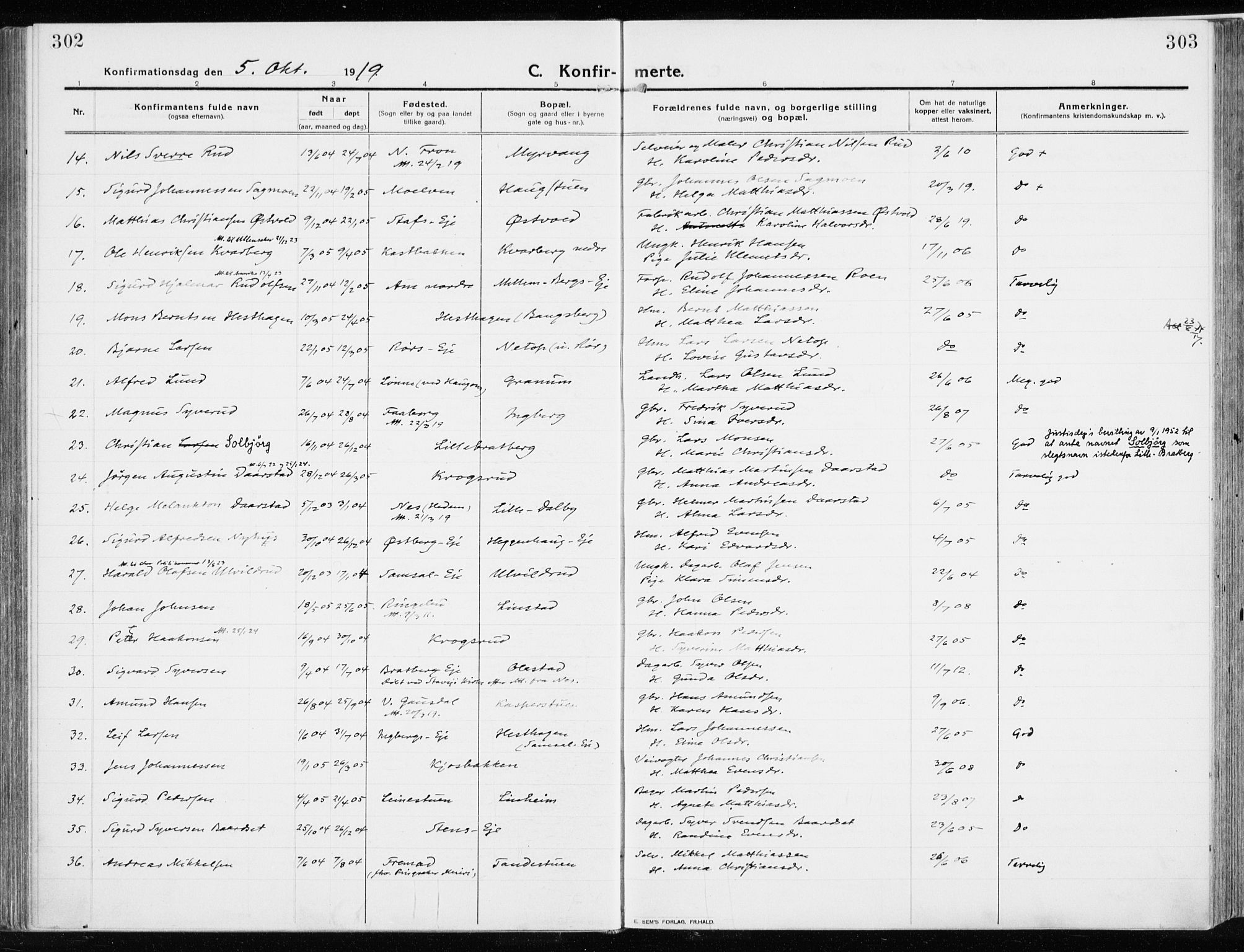 Ringsaker prestekontor, AV/SAH-PREST-014/K/Ka/L0020: Parish register (official) no. 20, 1913-1922, p. 302-303