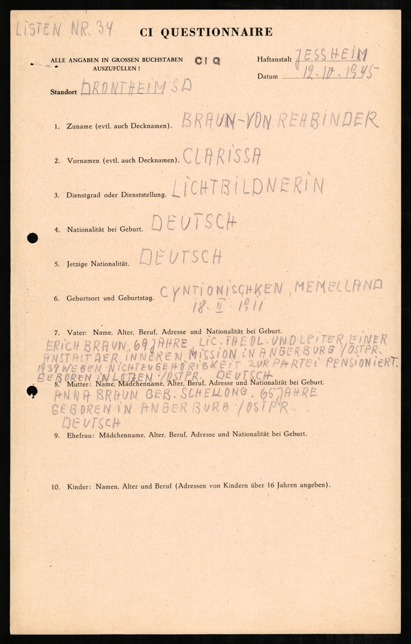 Forsvaret, Forsvarets overkommando II, AV/RA-RAFA-3915/D/Db/L0004: CI Questionaires. Tyske okkupasjonsstyrker i Norge. Tyskere., 1945-1946, p. 85