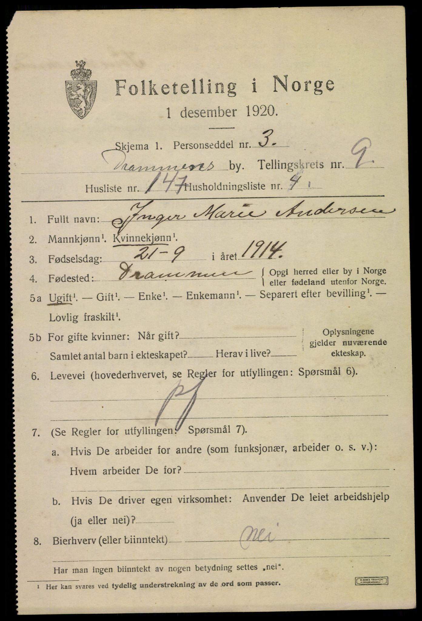 SAKO, 1920 census for Drammen, 1920, p. 62195