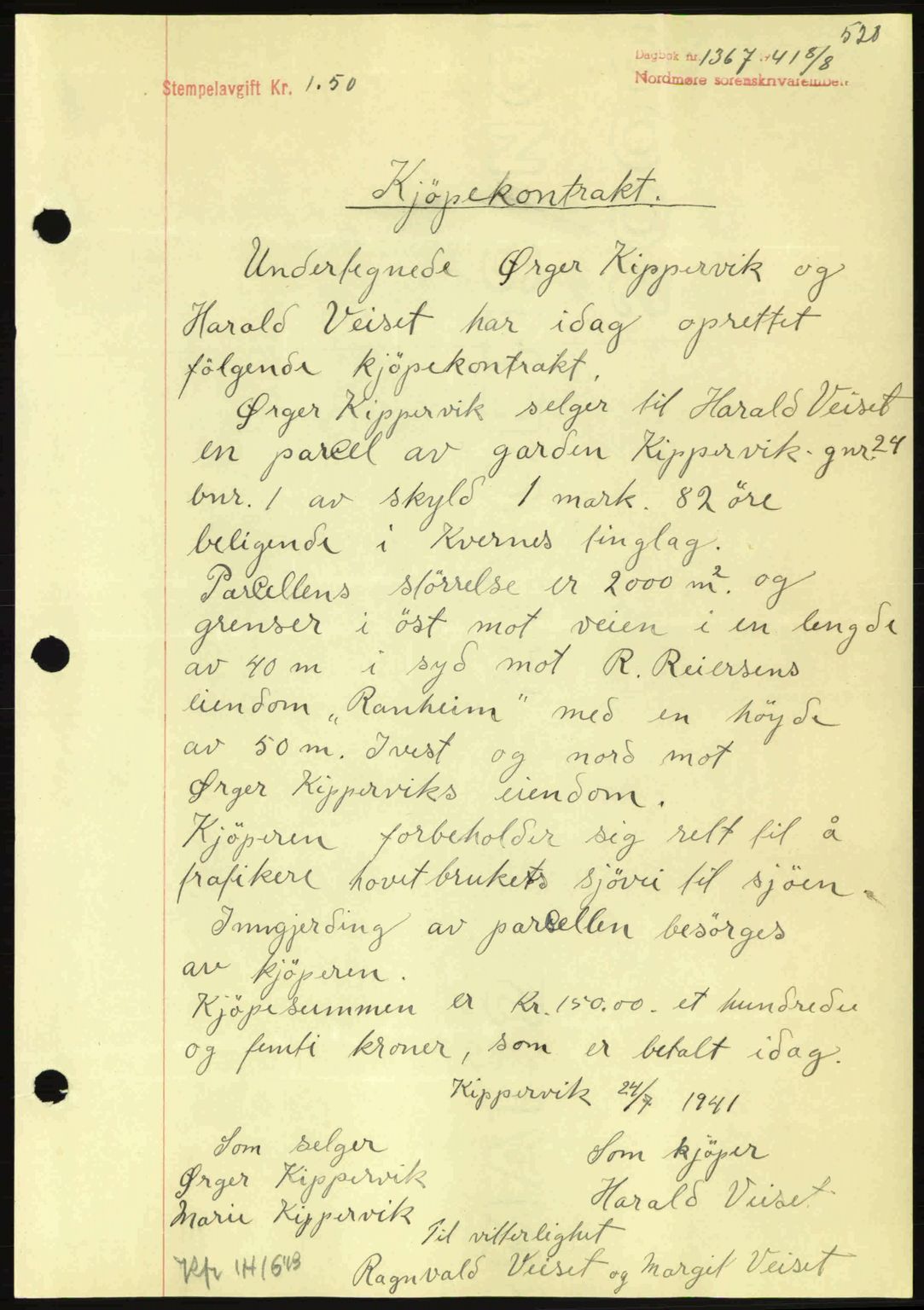 Nordmøre sorenskriveri, SAT/A-4132/1/2/2Ca: Mortgage book no. A90, 1941-1941, Diary no: : 1367/1941