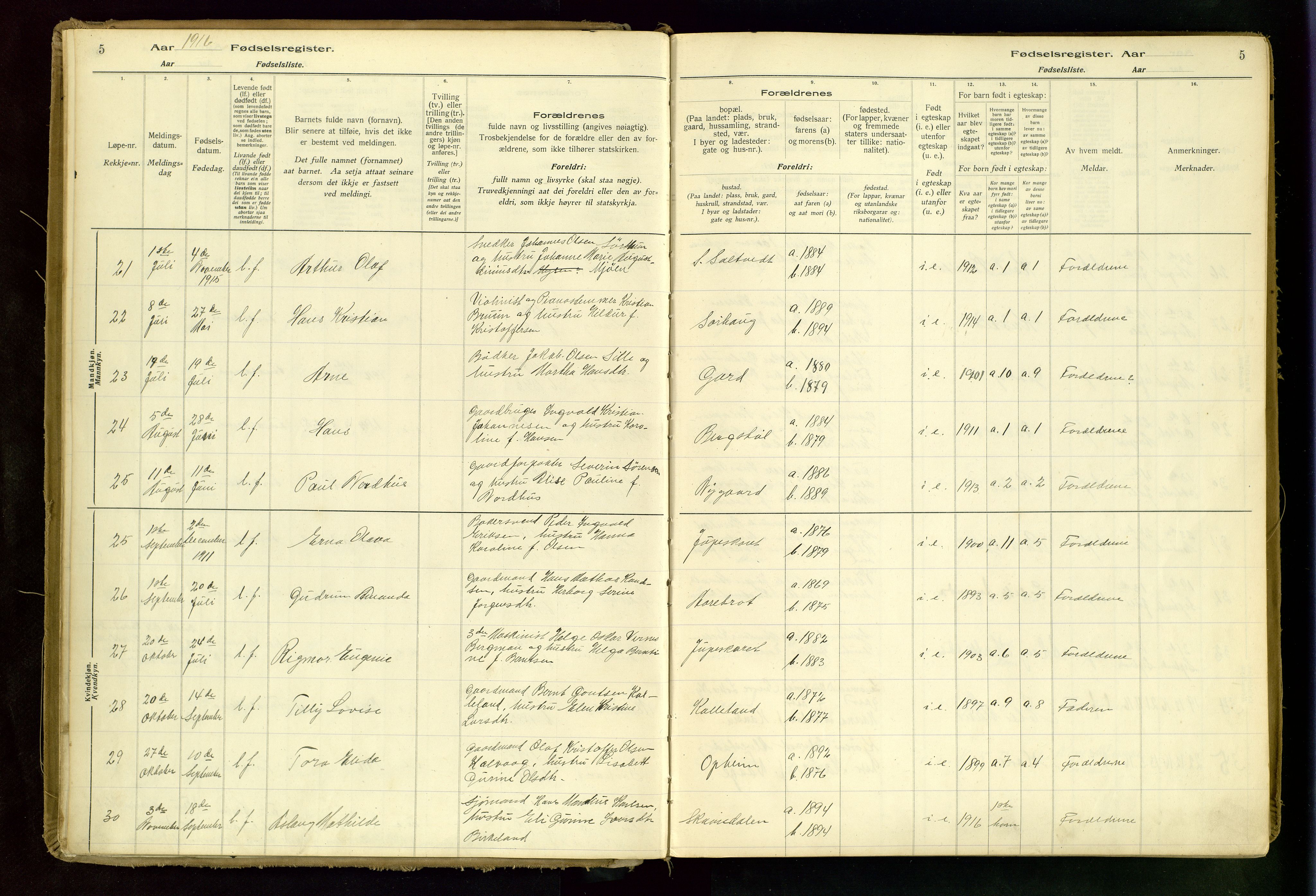 Haugesund sokneprestkontor, AV/SAST-A -101863/I/Id/L0001: Birth register no. 1, 1916-1935, p. 5