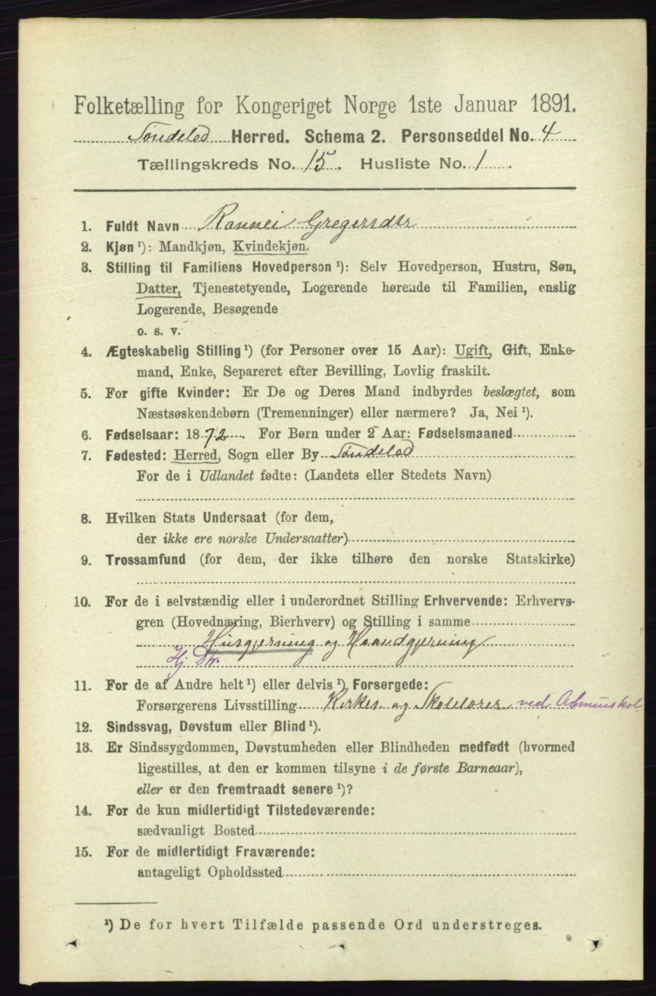 RA, 1891 census for 0913 Søndeled, 1891, p. 4331