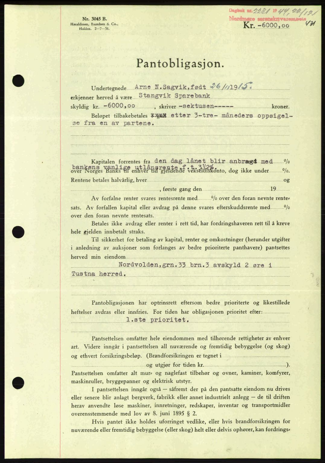 Nordmøre sorenskriveri, AV/SAT-A-4132/1/2/2Ca: Mortgage book no. B92, 1944-1945, Diary no: : 2231/1944