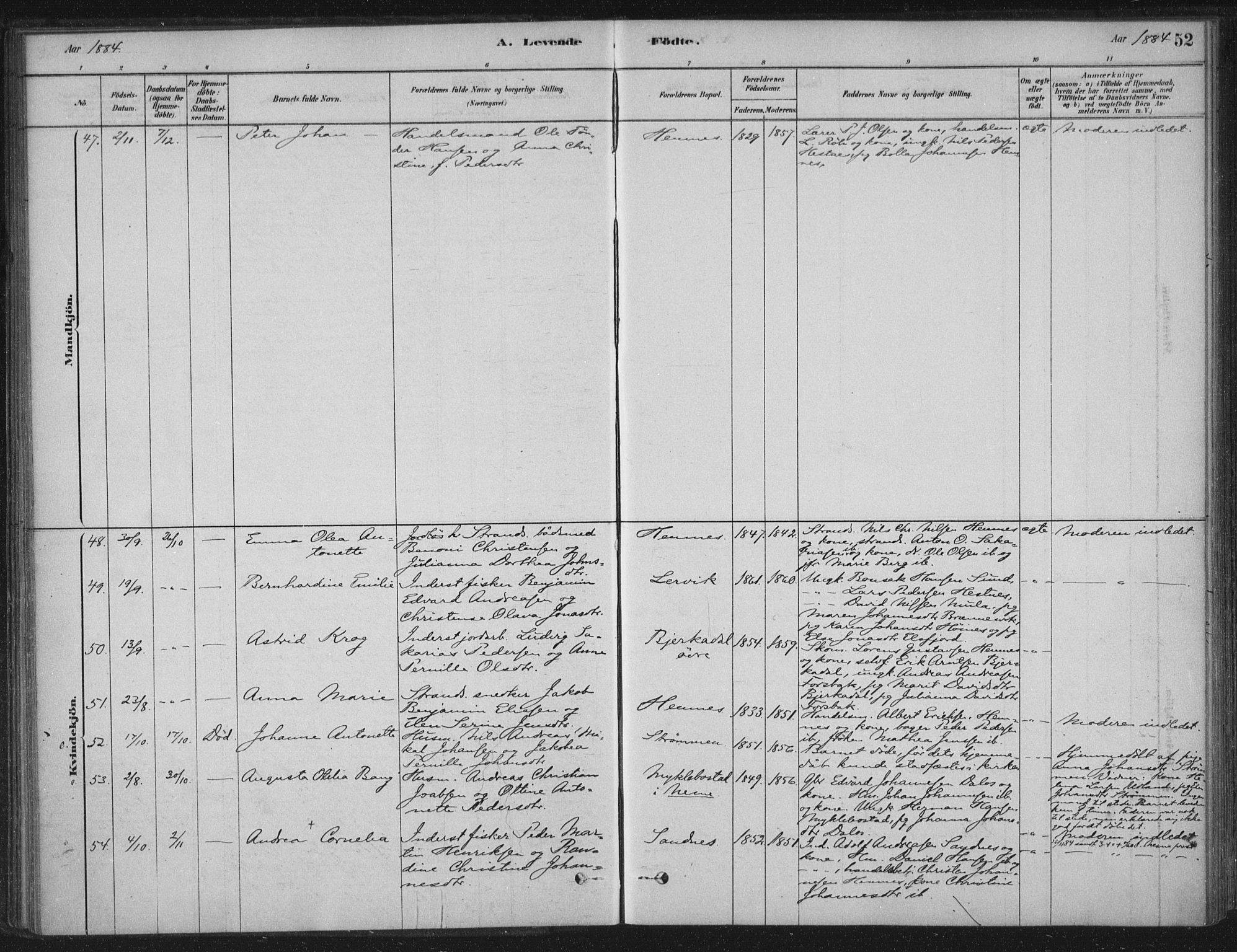 Ministerialprotokoller, klokkerbøker og fødselsregistre - Nordland, AV/SAT-A-1459/825/L0361: Parish register (official) no. 825A15, 1878-1893, p. 52