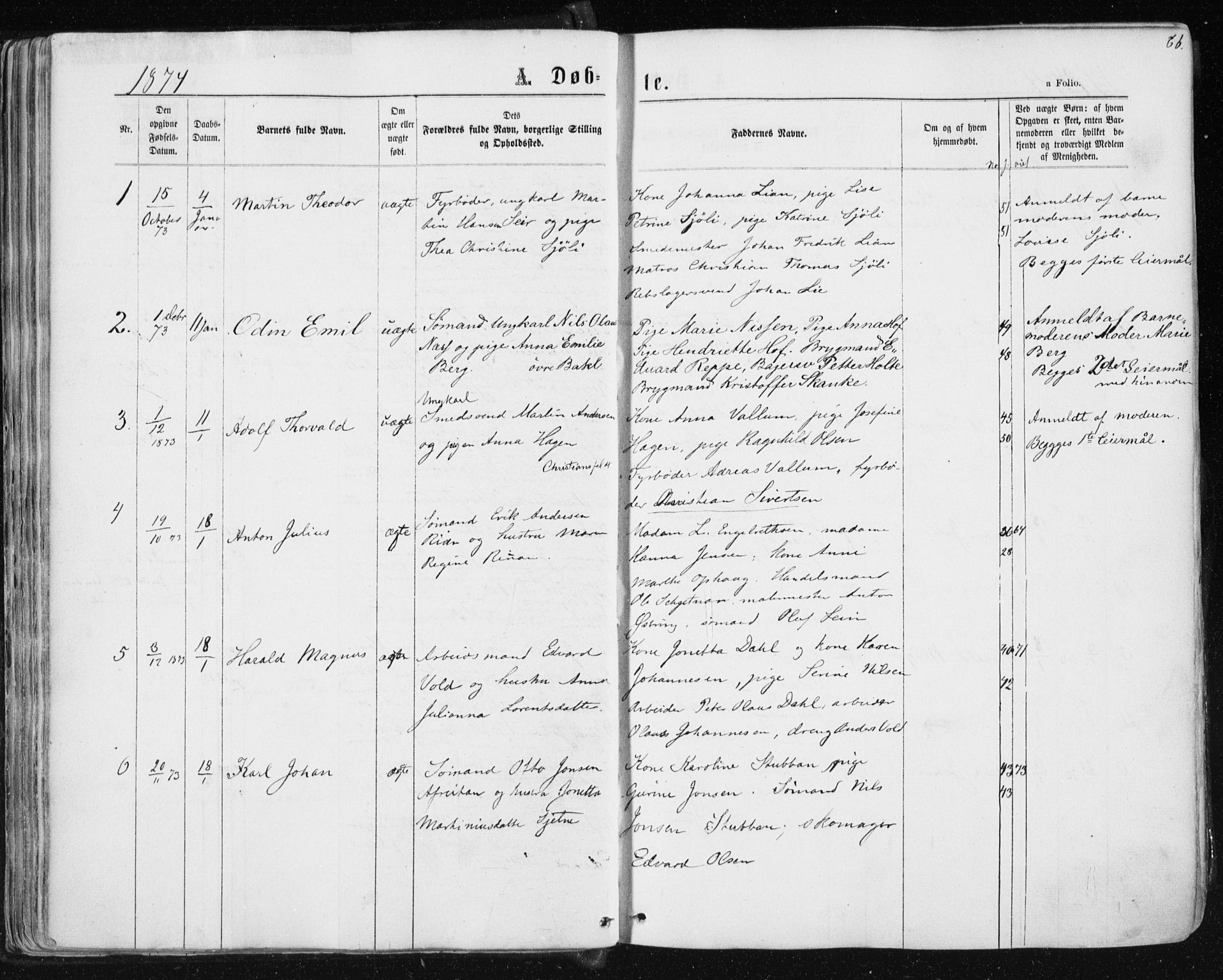 Ministerialprotokoller, klokkerbøker og fødselsregistre - Sør-Trøndelag, SAT/A-1456/604/L0186: Parish register (official) no. 604A07, 1866-1877, p. 66