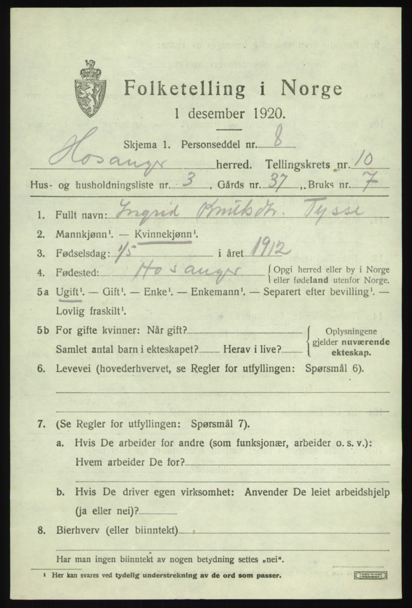 SAB, 1920 census for Hosanger, 1920, p. 4247