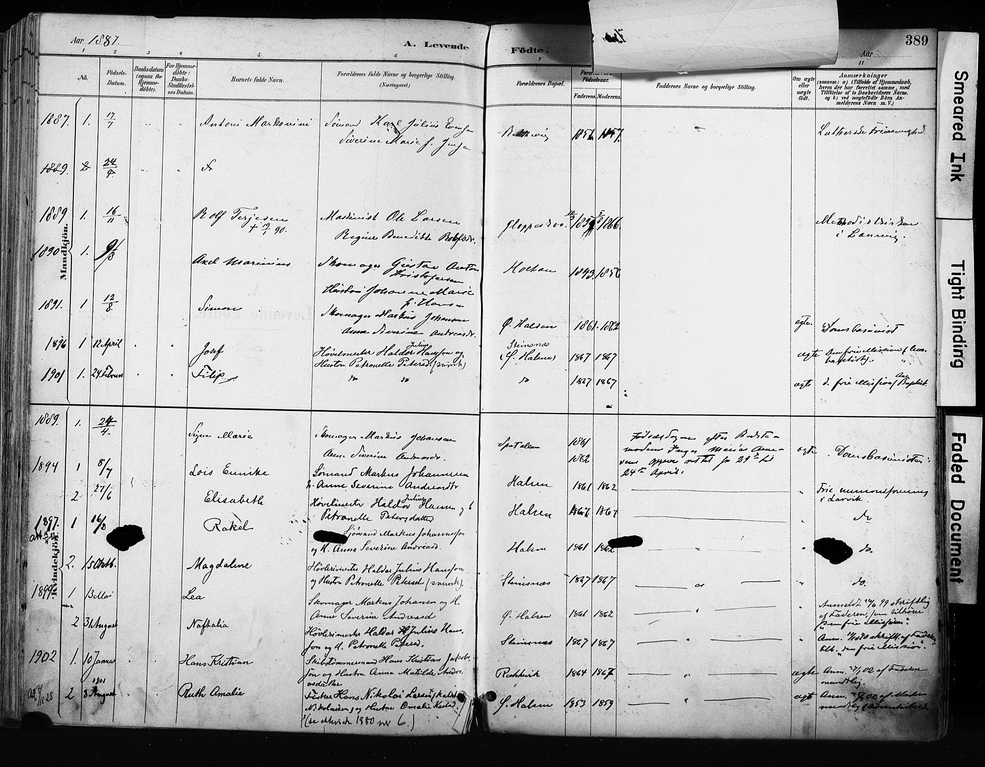 Tjølling kirkebøker, AV/SAKO-A-60/F/Fa/L0009: Parish register (official) no. 9, 1887-1905, p. 389