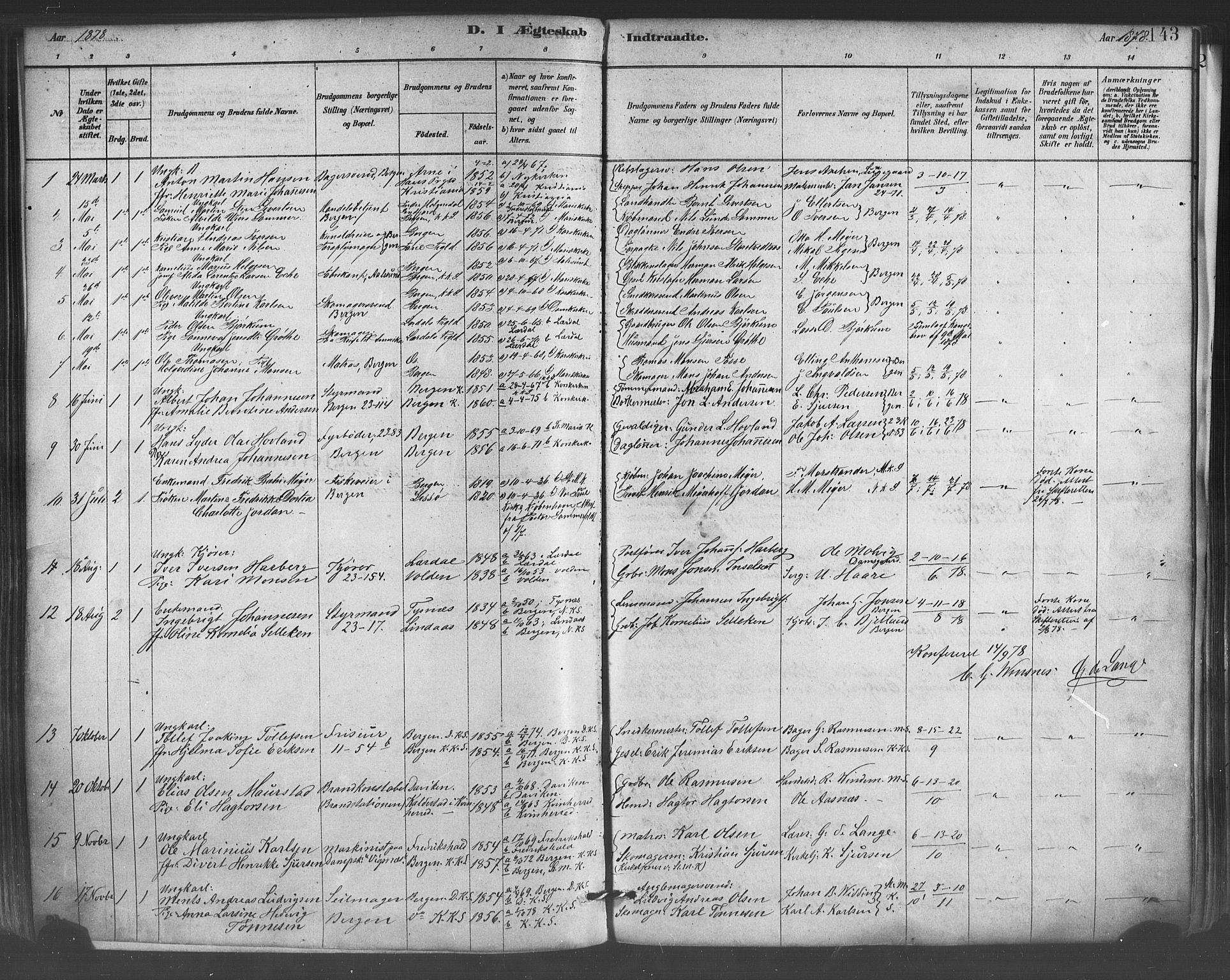 Mariakirken Sokneprestembete, AV/SAB-A-76901/H/Haa/L0007: Parish register (official) no. A 7, 1878-1893, p. 143