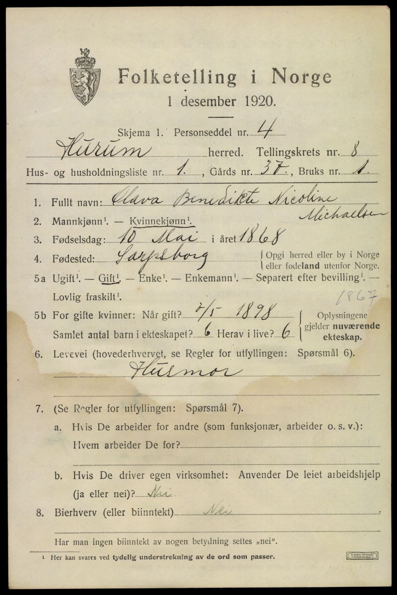 SAKO, 1920 census for Hurum, 1920, p. 10242