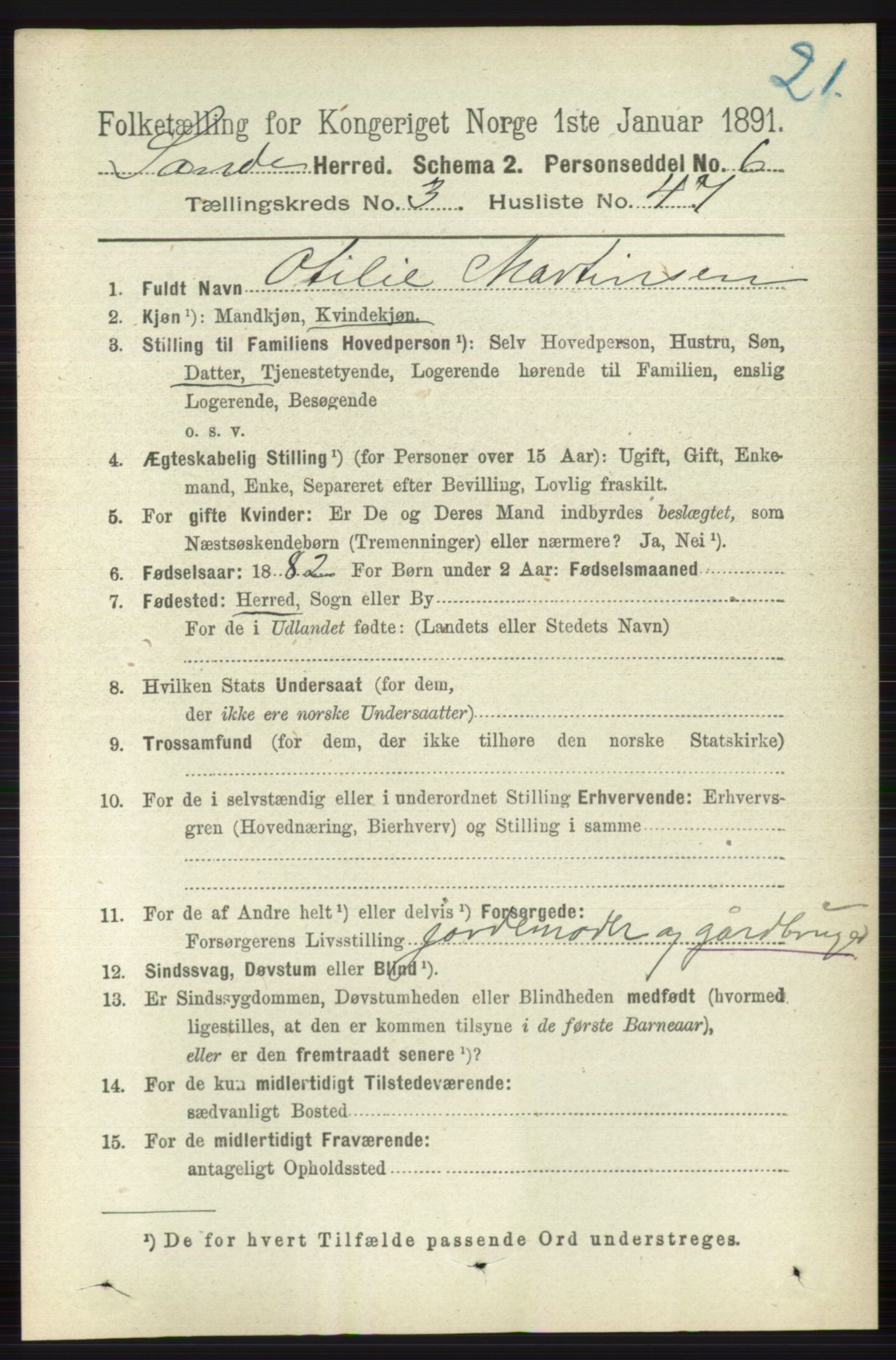 RA, 1891 census for 0713 Sande, 1891, p. 1221