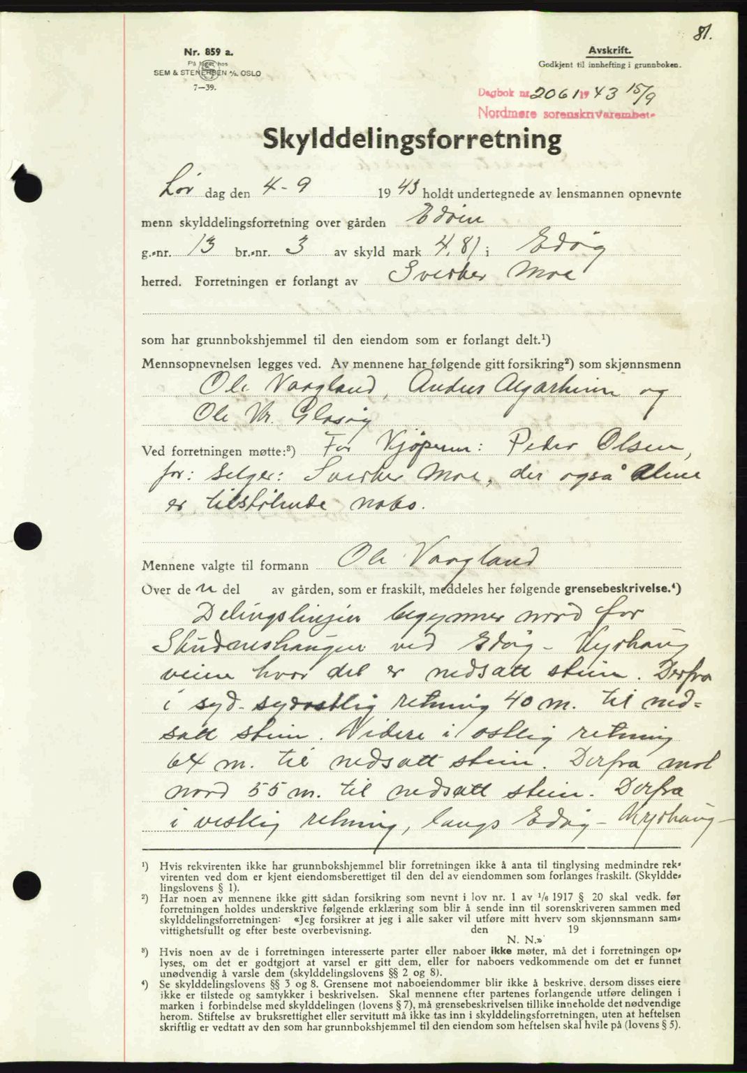 Nordmøre sorenskriveri, SAT/A-4132/1/2/2Ca: Mortgage book no. A96, 1943-1944, Diary no: : 2061/1943