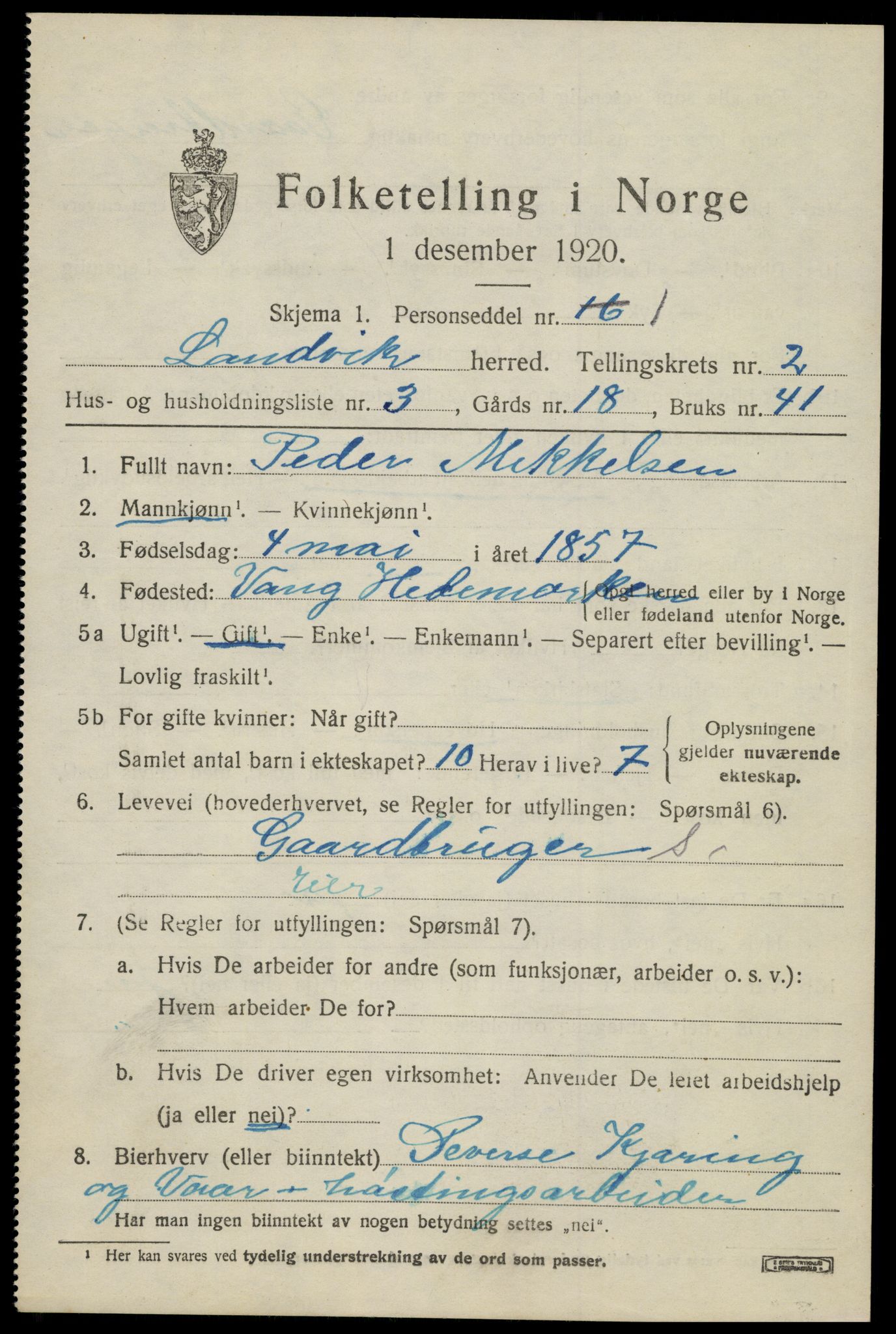 SAK, 1920 census for Landvik, 1920, p. 1802