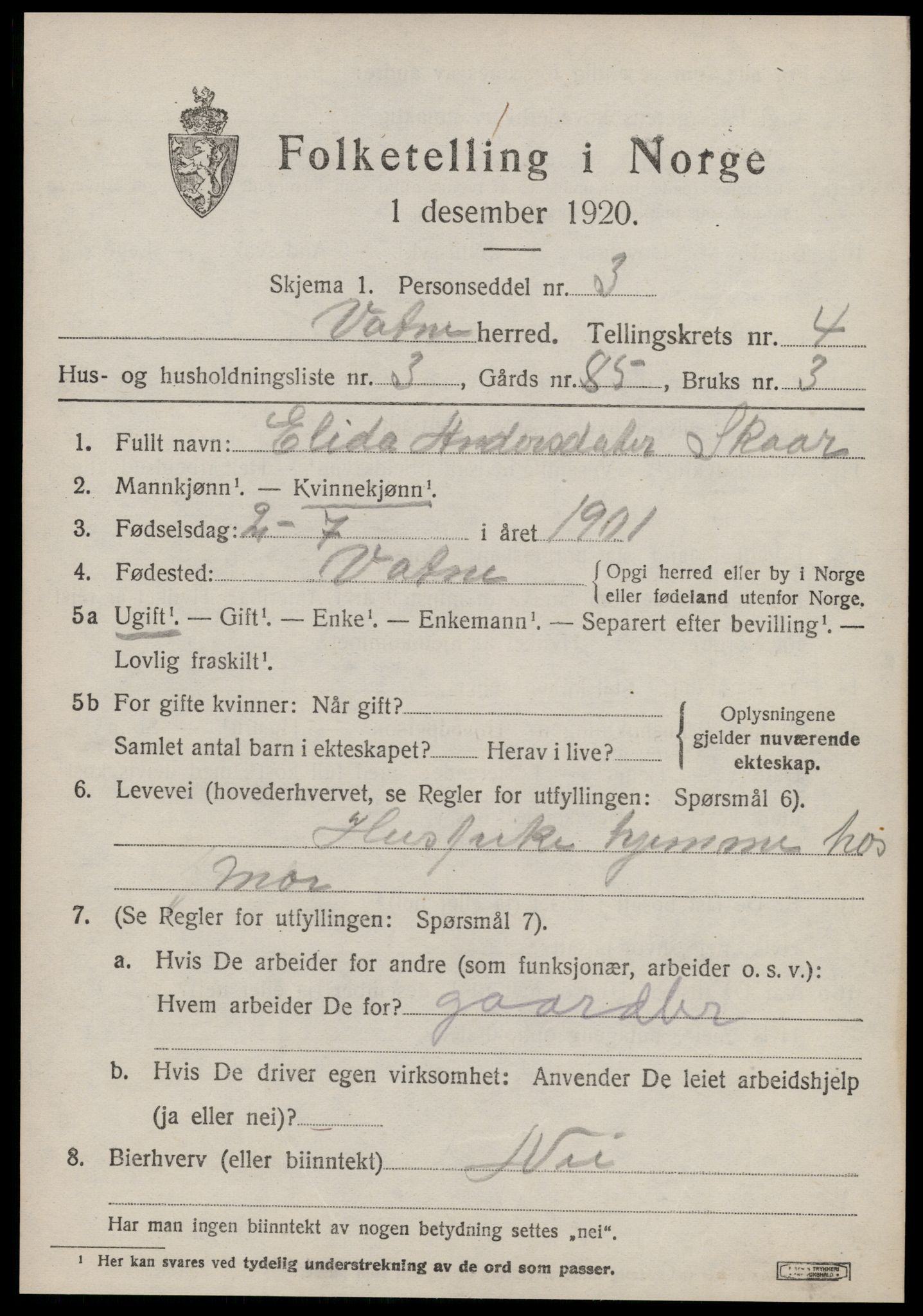 SAT, 1920 census for Vatne, 1920, p. 1842