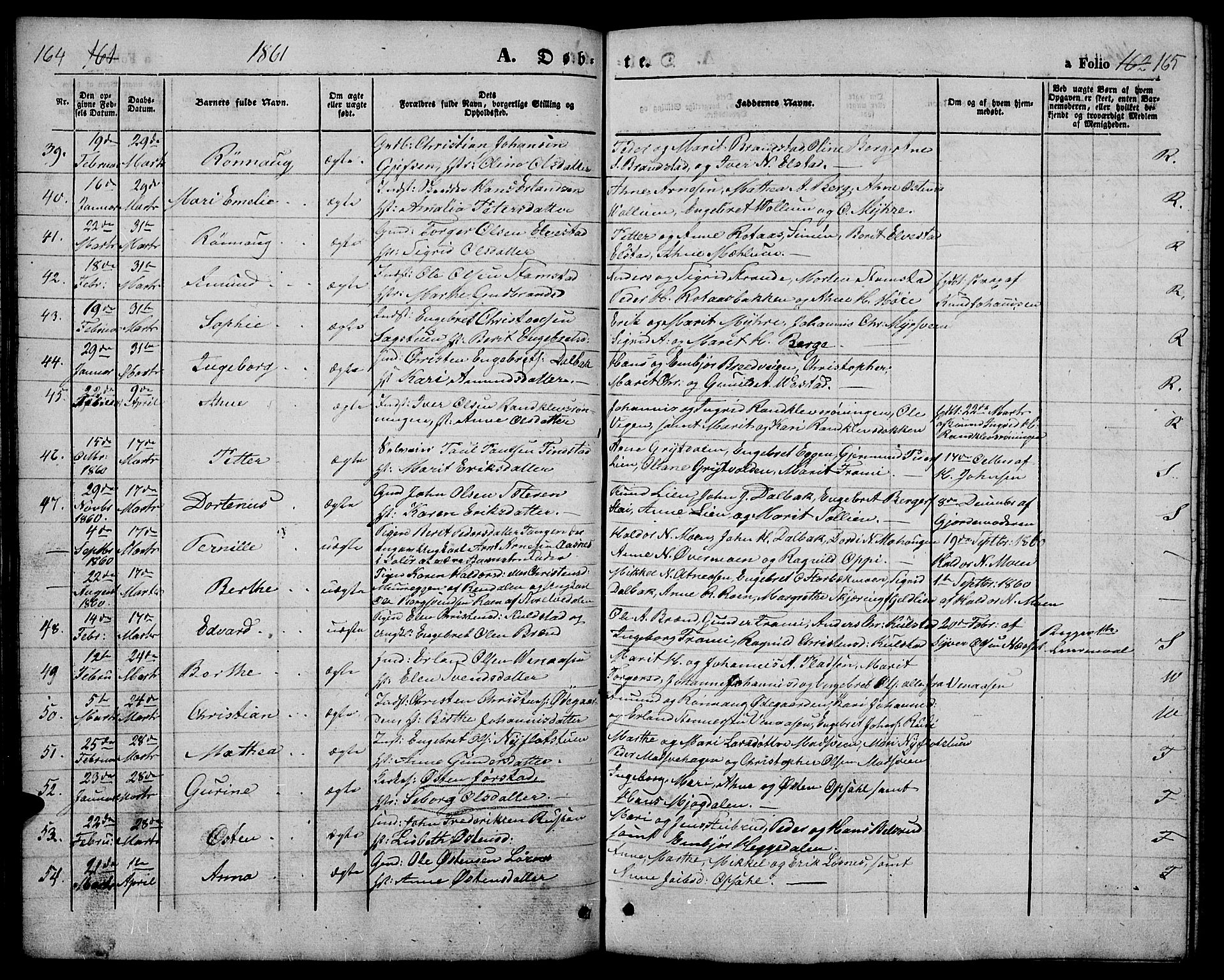 Ringebu prestekontor, SAH/PREST-082/H/Ha/Hab/L0003: Parish register (copy) no. 3, 1854-1866, p. 164-165